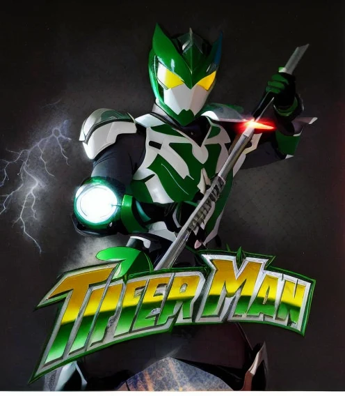 um close de uma pessoa vestida de verde e branco segurando uma espada, Thunder Man, Kamen Rider, an epic anime of a energy man, Power Ranger Verde, alta fantasia Kamen Rider, Arte Promocional, Power Ranger, Kamen Rider personagem, desenhado como o anime speed racer, Album art, Ultraman, kamen rider action pose, Kamen Rider fantasma, fanart oficial
