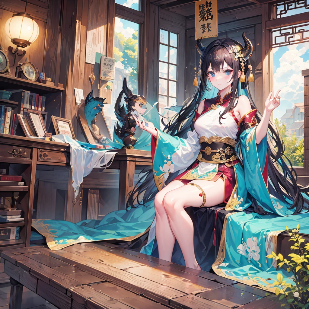 Everyone knows that gods are good，study room，An immortal  giving a lecture，A dragon girl  sitting in the audience listening to the class，Ancient Chinese clothing