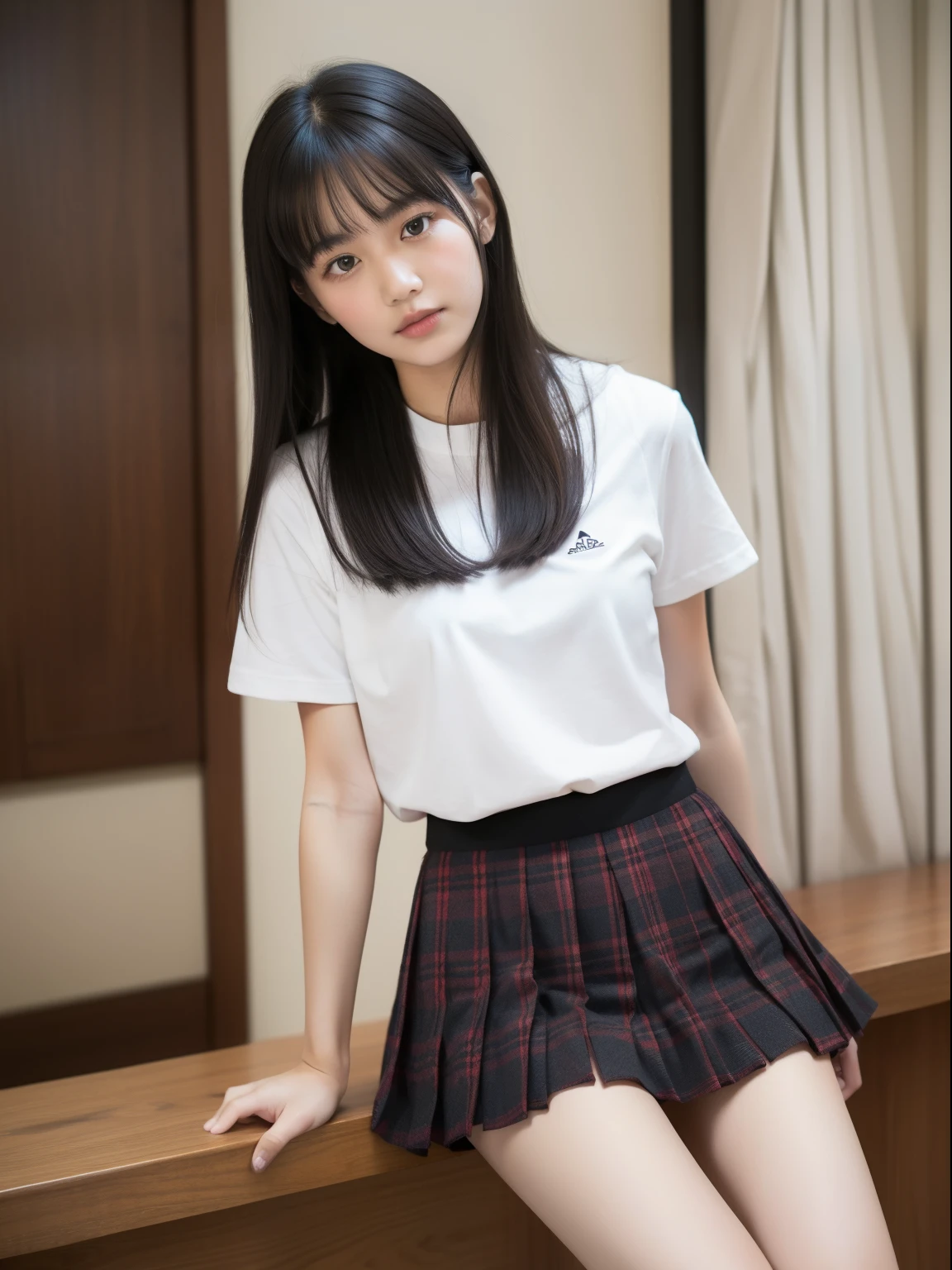 wariza,Sit up,Hands between legs,年轻,(Plaid white pleated skirt),flat breast,Black short-sleeved T-shirt,parka,Pupils,s girl,A dark-haired,delicate and petite body,in a house