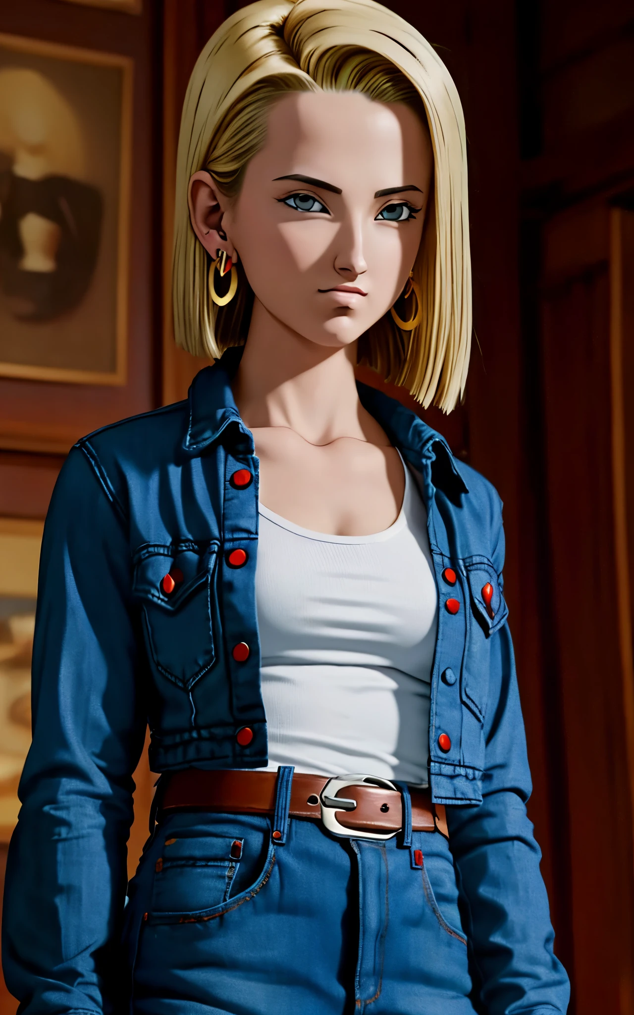 (masterpiece, best quality), realistic version of android18, earrings, denim, belt upper body, focus face, perfect face, Emily Rudd.