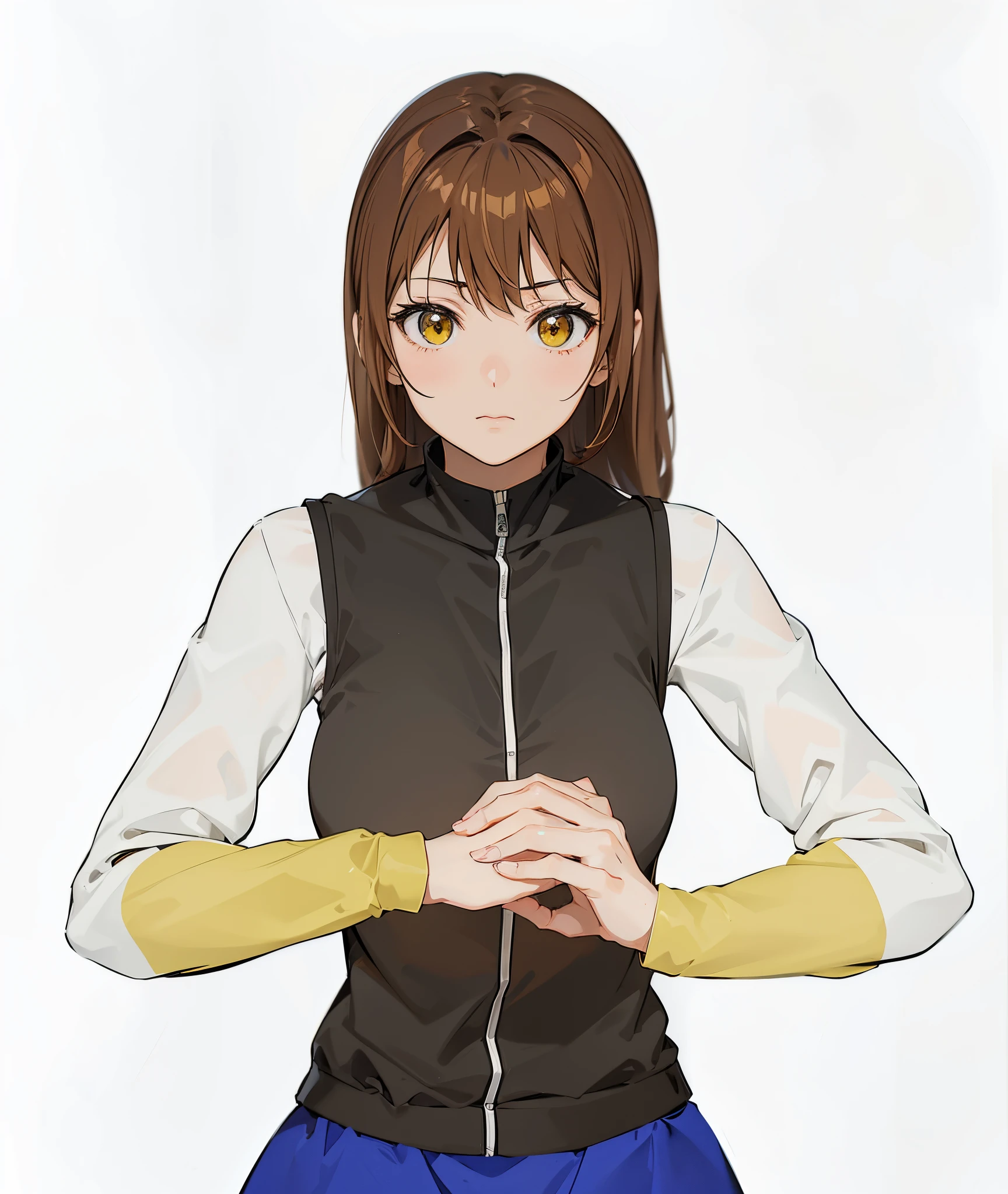 anime girl with brown hair and yellow sleeves holding her hands together, as an anime character, female anime character, anime character, female protagonist 👀 :8, anime style character, with index finger, shinkai makoto, rei hiroe, realistic young anime girl, makoto shinka, rena nounen style 3/4