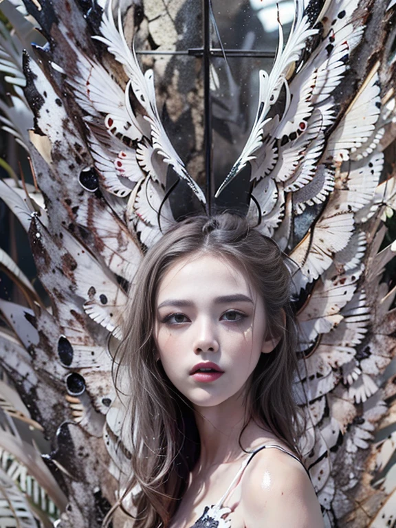 Black and white,Absolutely beautiful women,Bust,Broken mirror,Black and white split,White paint,Broken,White the、with sublevel rack,Eroded by darkness and light,Lady of symmetrical chastity,Angel wings
