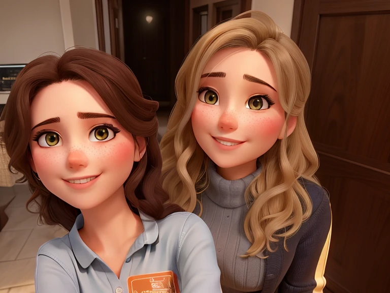 There are two beautiful women taking a selfie.