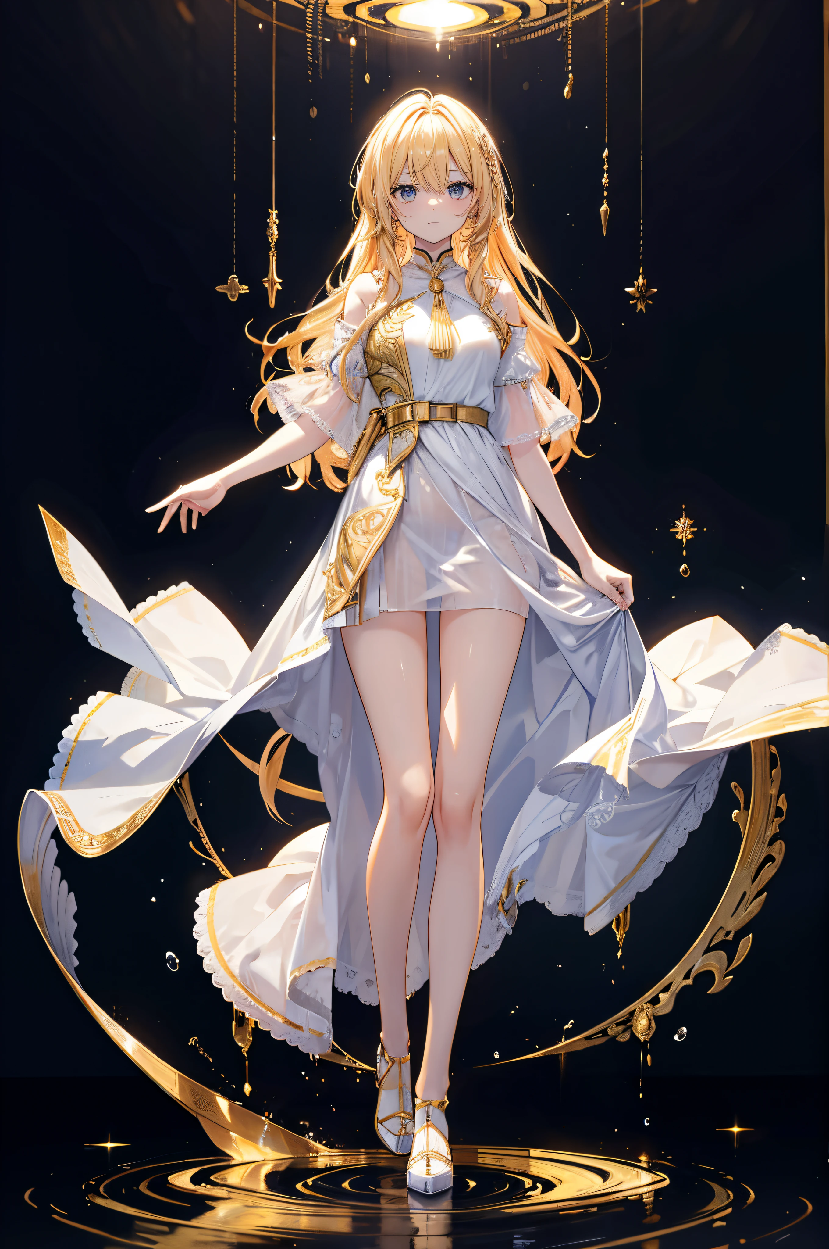 golden hair, standing in front, no clothes, hands next to body, legs next to each others