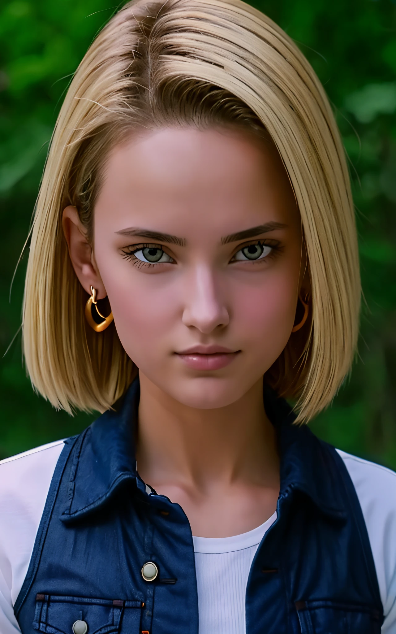 (masterpiece, best quality), realistic version of android18, earrings, denim, belt upper body, focus face, perfect face, Emily Rudd.