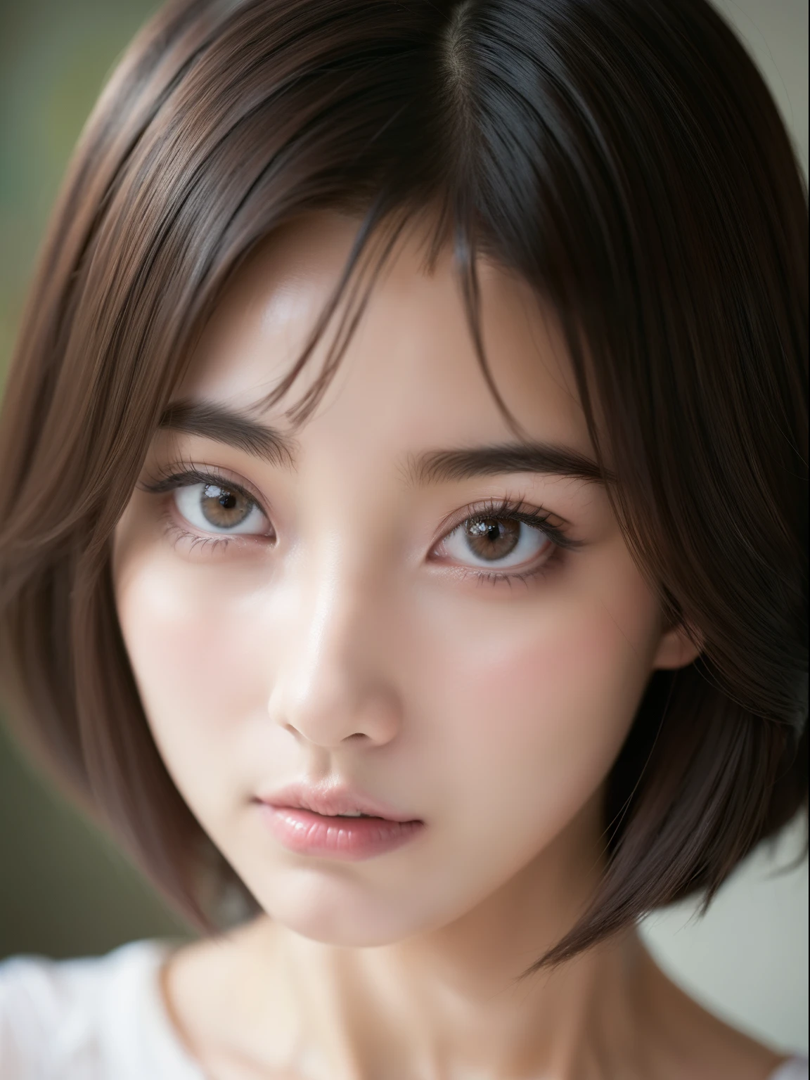 incredibly absurd, beautiful and cute 20-year-old Korean girl with a photorealistic face, showcasing top-quality craftsmanship. Her slender frame adorned with short, messy hair. The artwork high-resolution, allowing for ultra-detailed features to be captured flawlessly. The girl depicted naked. The focus lies on the realistic pupils, showcasing depth and emotion.
