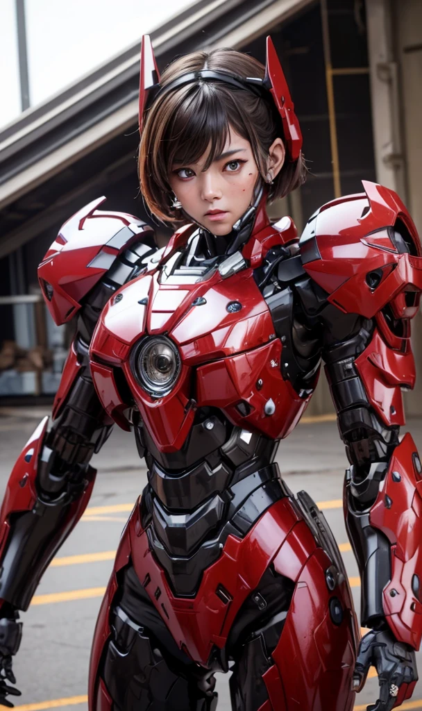 Textured skin, Super Detail, high details, High quality, Best Quality, hight resolution, 1080p, hard disk, Beautiful,(War Machine),beautiful cyborg woman,red and black mecha cyborg girl,Battle Mode,Girl with a Mecha Body(armor red 7、black 3 ratio),She wears a futuristic war machine weapon mech、Very Shorthair、Brown eyes、Sweaty face、tired expression、　Opening Mouth　sexy eye　Steam from the head　kneeking　fullface　Destroyed combat uniforms　heavily damaged armor　Sweaty face　Woman with distressed expression　completely and partially destroyed