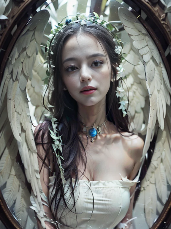 Black and white,Absolutely beautiful women,kindly smile,Broken mirror,Split black and white,White paint,Broken,White the、with sublevel rack,Eroded by darkness and light,symmetrical virgin woman,Angel wings