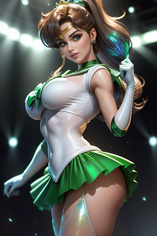 Pose de modelo sexy, showing your ass to the camera looking back, Realistic, Foto Ultra-Micro, extremely high quality, ultra-detalhado CG unidade 8k papel de parede, ((Tiara dourada luxuosa na testa: 1.4, mini Saia plissada verde brilhante: 1.2, Mini green pre-gate skirt: 1.1,sem manga,luvas verdes nos cotovelos: 1.1, Verde Grande Cor, colarinho de marinheiro verde, Broche verde)), de baixo, detalhe intrincado, (1 female), 20 anos, (sailor Jupiter, olhos verdes, rabo-de-cavalo, Tiara, jewelries, Uniforme Sailor Senshi, colarinho de marinheiro verde, gargantilha, Bosques de Cotovelo, luvas brancas, Broches, malha branca, saia verde, Saia plissadas), cabelos castanhos incrivelmente longos: 1.2, brilhante bonito liso cabelo castanho longo: 1.2, Jupiter sailor uniform, (Uniforme Sailor Senshi, bare arms: 1.1, Long white latex gloves with luxurious golden decoration: 1.3, gargantilha verde, Decote sexy ousadamente grande, Brincos dourados em forma de anel, Bright green long boots with luxurious golden decor), (very thin white holographic leather and apt high gloss: 1.3), Avante de gravete de pernas altas ousadas e sexy, (Pose de modelo sexy),
((sorriso sedutor, cara muito bonita, cabelos marrom, Detalhes do rosto: 1.5, olhos verdes brilhantes, beautiful face, olhos bonitos, olhos brilhantes, thin lips: 1.3, fino, Sharp, pale eyebrows, long dark eyelashes, Double eyelashes)), Luxuosas asas brancas enormes, muscle muscles: 1.2, abdominais musculosos: 1.2, um rosto pequeno, Seios enormes, alto e perfeitamente fornecido, cintura fina, Pose de modelo sexy, visible pores, perfect hands: 1.5, octane rendering, highly dramatic picture, Luz natural forte, sunlight, exquisite lighting and shadow, Dynamic angle, Harpa DSLR, foco: 1.0, Maximum clarity and sharpness, detailed perfect hands, (Dynamic lightning backgrou, A sombra da floresta, Lightning space background, jupiter, fora, ..lua, Dynamic background, fundo do detalhe),(Mecha Musume)