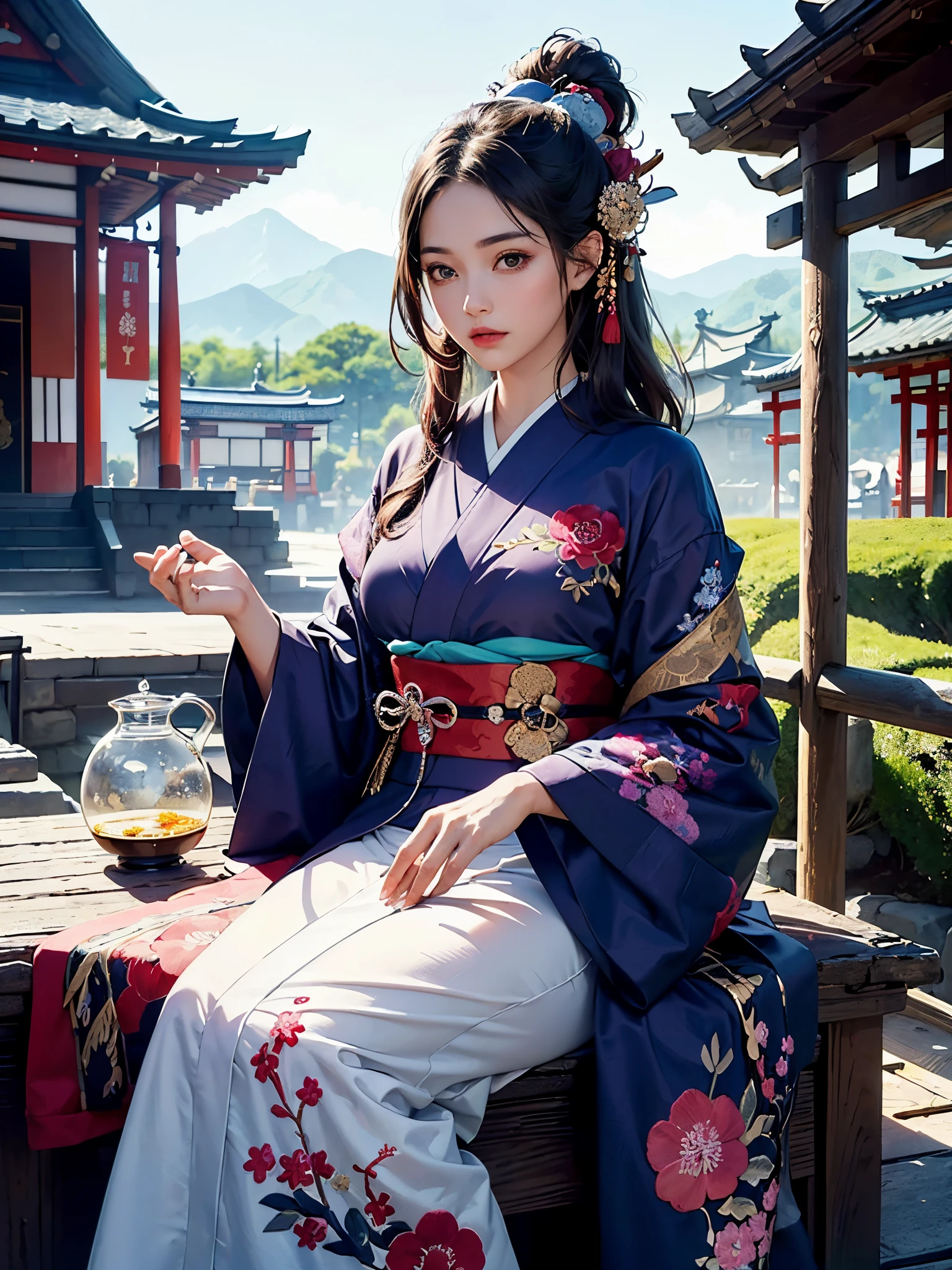 (masterpiece, top quality, best quality, official art, beautiful and aesthetic:1.2), (1girl),elaborate costume(Luxurious Japan kimono(Colorful kimono(detailed embroidery))), extreme detailed,(Fractal art),colorful,highest detailed,昼間のWestern castle in the background,having a tea party,