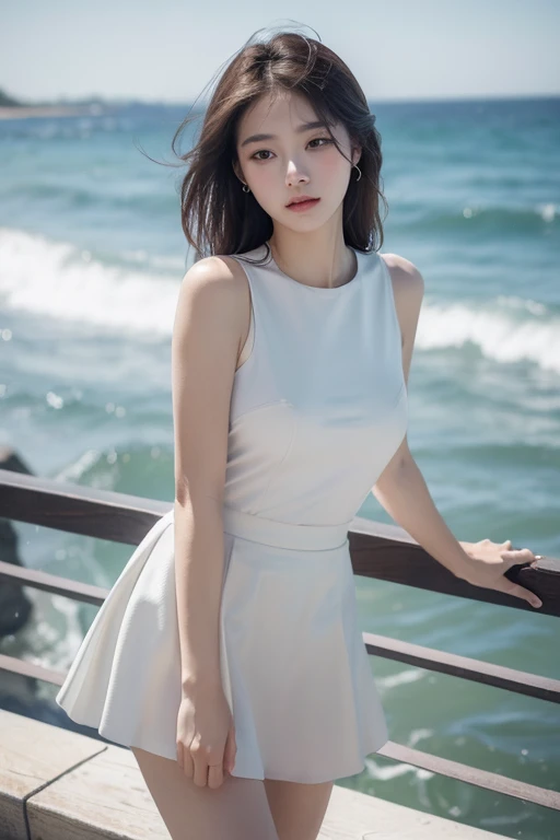 (masterpiece, top quality, best quality, beautiful and aesthetic:1.2), (1female), crying, extreme detailed, Wearing a short skirt,(looking at viewer:1.3),by the sea,highest detailed, elegant, graceful, stunning, sophisticated --portrait