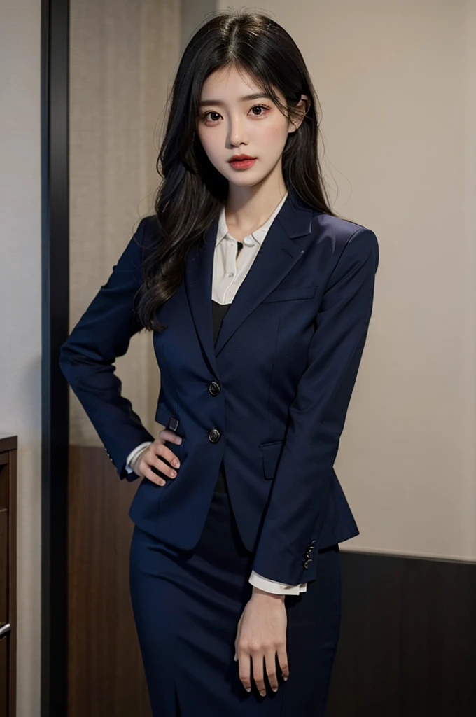 （Ultra Best Quality、in 8K、Masuter Piece、delicate illustration、Telegraph Esbian）, Pretty and beautiful Korean office lady、slender body、navy blue office lady suit（Skirt type）、Black hair