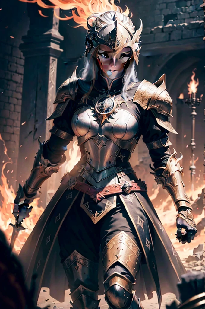 Champions of Arcane Might, Knight helmet, This poster captures the majestic presence of an eldritch knight, a master of both martial combat and arcane magic. The character shown on a battlefield, their sword wreathed in flames and their other hand crackling with lightning. Their eyes emit an intense glow as they channel the arcane energies around them. Their ornate armor, adorned with magical symbols, gleams with intricate detailing. the battlefield a tableau of chaos, with fire and magic clashing against each other, octane render, enhance, intricate, (best quality, masterpiece, Representative work, official art, Professional, unity 8k wallpaper:1.3)