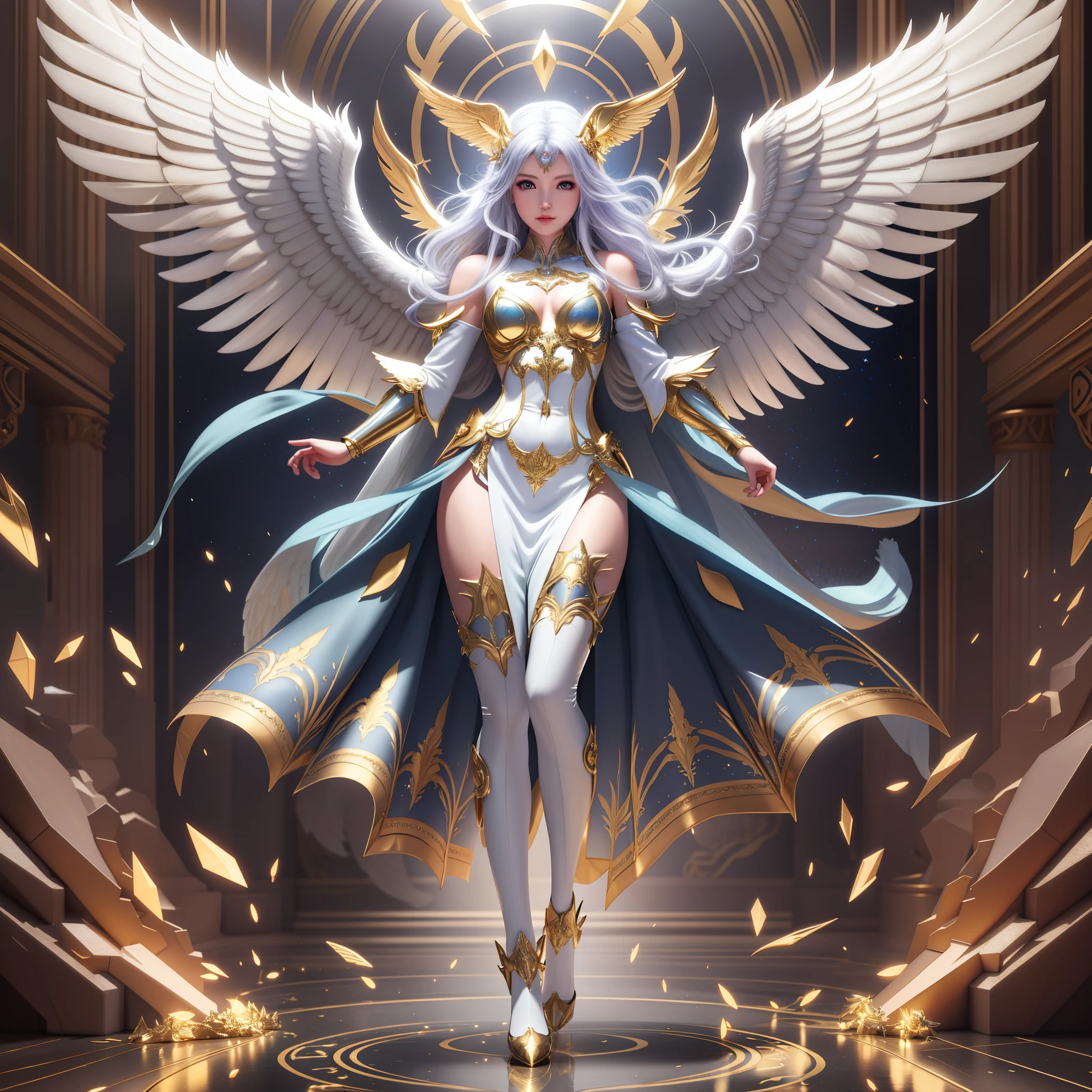 anime - style illustration of a female angel with wings and a golden halo, as a mystical valkyrie, full - body majestic angel, beautiful cyborg angel girl, angel knight girl, goddess. extremely high detail, mystical valkyrie, beautiful female angel, concept art | artgerm, artgerm julie bell beeple, artgerm on artstation pixiv