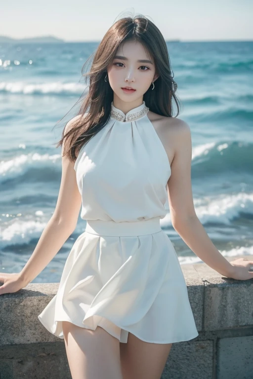 Best quality at best，8k,A Korean woman by the sea，voluminous hair，Delicate face，Photorealsitic，of a real，largeaperture，wears a white dress，A cropped dress，Off-the-shoulder，A dress around the neck，Slim，sexy for，