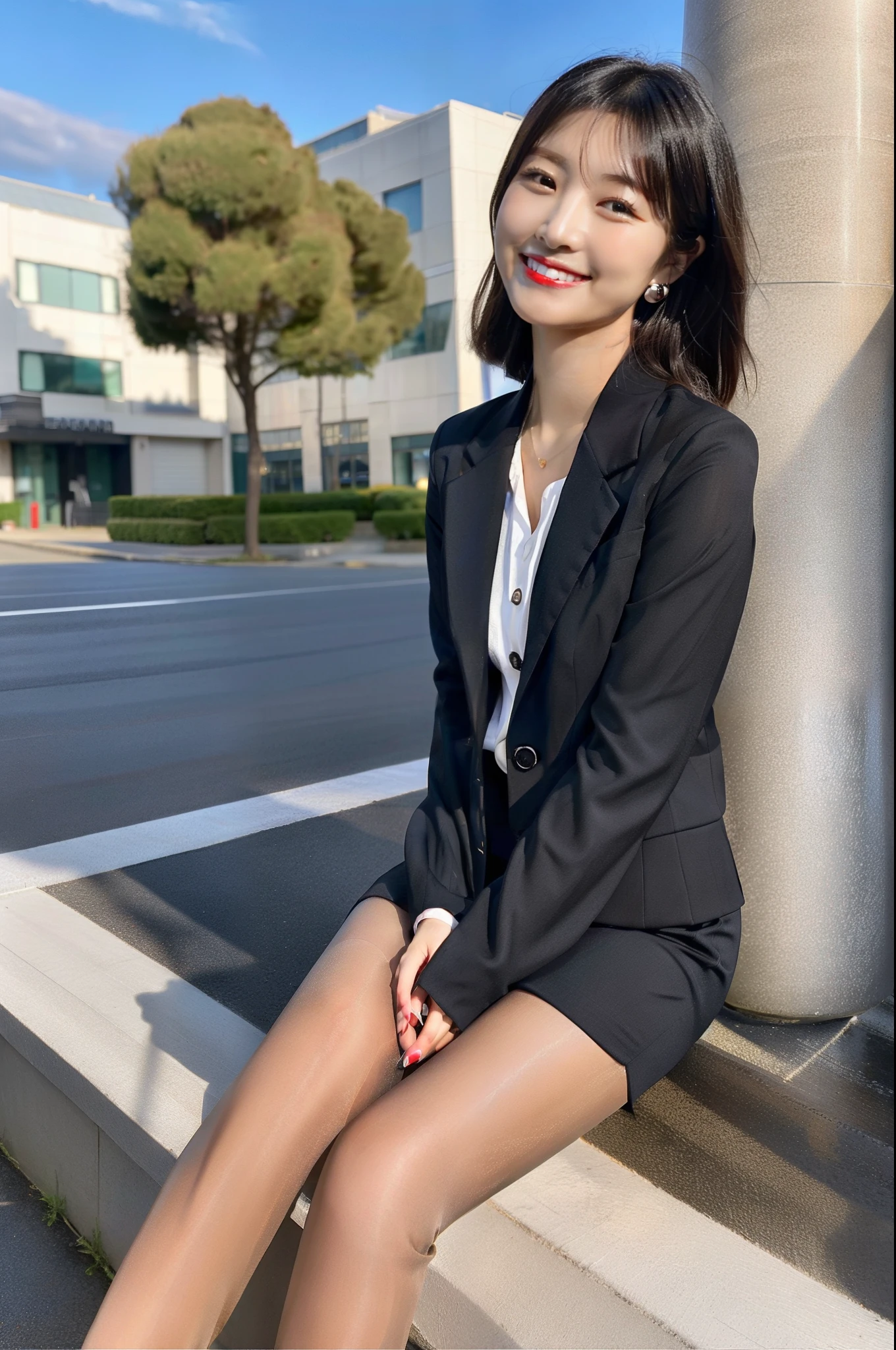 (8K, top-quality, ​masterpiece:1.2), (realisitic, Photorealsitic:1.37), ultra-detailliert, 1 girl in, full body Esbian, outside of house, (Adjusted hair:1.5) Officelady, Black Office Blazer, Office Skirt, (panthyhose: 1.2)、(Short button-down shirt:1.2)、Button Up Color Prim、Button Down Color Prim、bura、(panthyhose:1.2)、Alpha Layer、high-heels、earring beautiful、cute little、独奏、Beautiful detailed sky、(A smile:1.15)、(Mouth closed)、tiny chest、beautiful detail costume eyes、（short-hair：1.2）、pantyhose