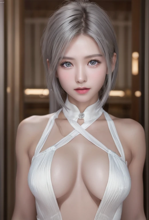 (8K, Photorealistic, Raw photo, of the highest quality: 1.3), (1girl in), Super beautiful, (Realistic face), (boyish, Silver Color Berry Shorthair), Beautiful , Glare that captivates the viewer, Beautiful expression, Beautiful breasts, (Realistic skin), Place both hands on your cheeks