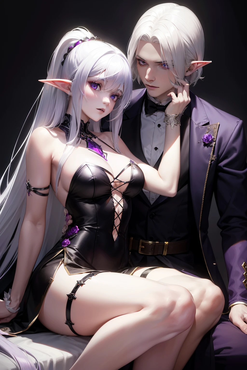 a powerful young white-haired vampire man and an elf girl with purple hair. Beautiful and deep image. Sensuality and darkness
