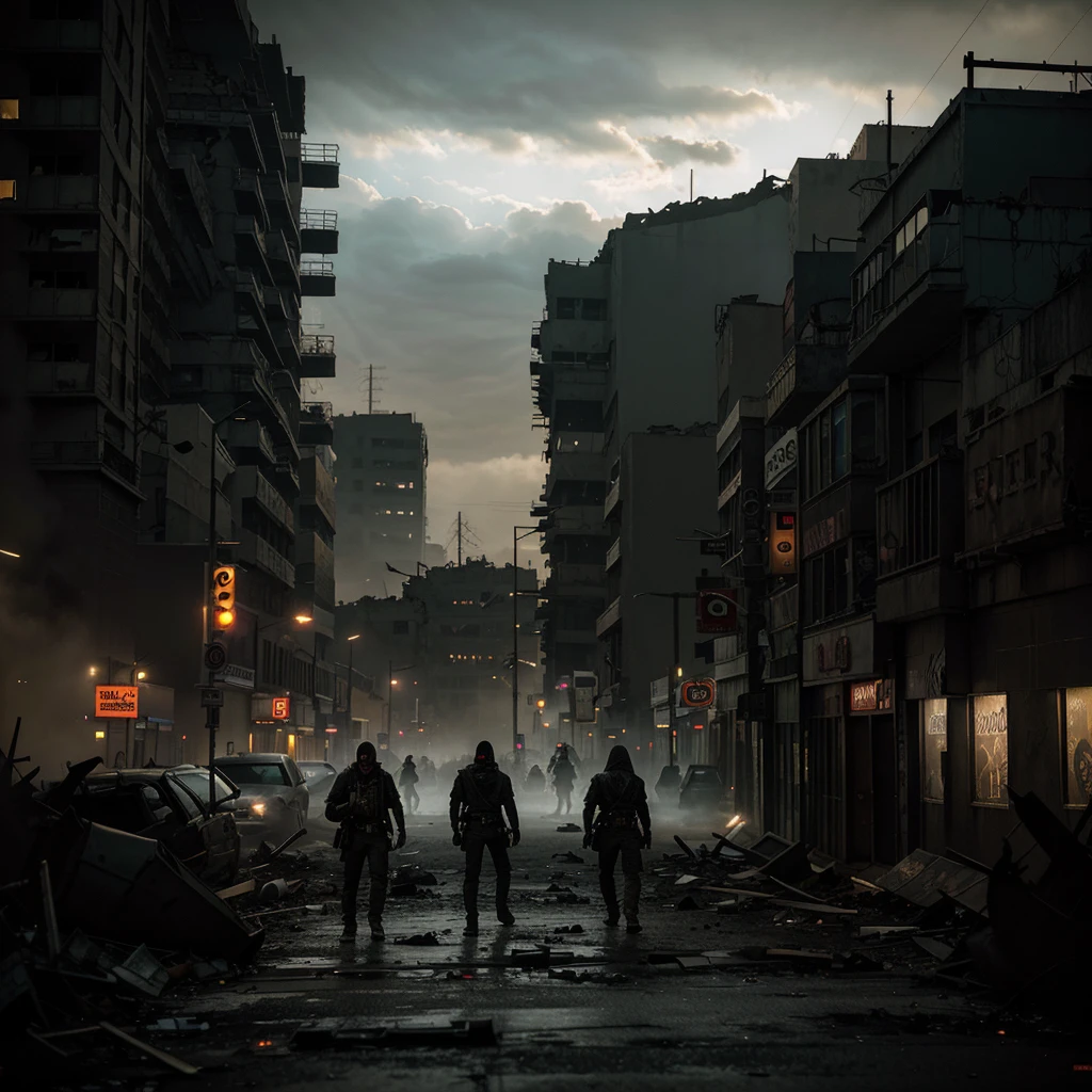 A post-apocalyptic city shrouded in shadows, where hordes of zombies roam through desolate streets.The sky is overcast, creating a tense atmosphere with wreckage and signs of struggle evident in every corner.