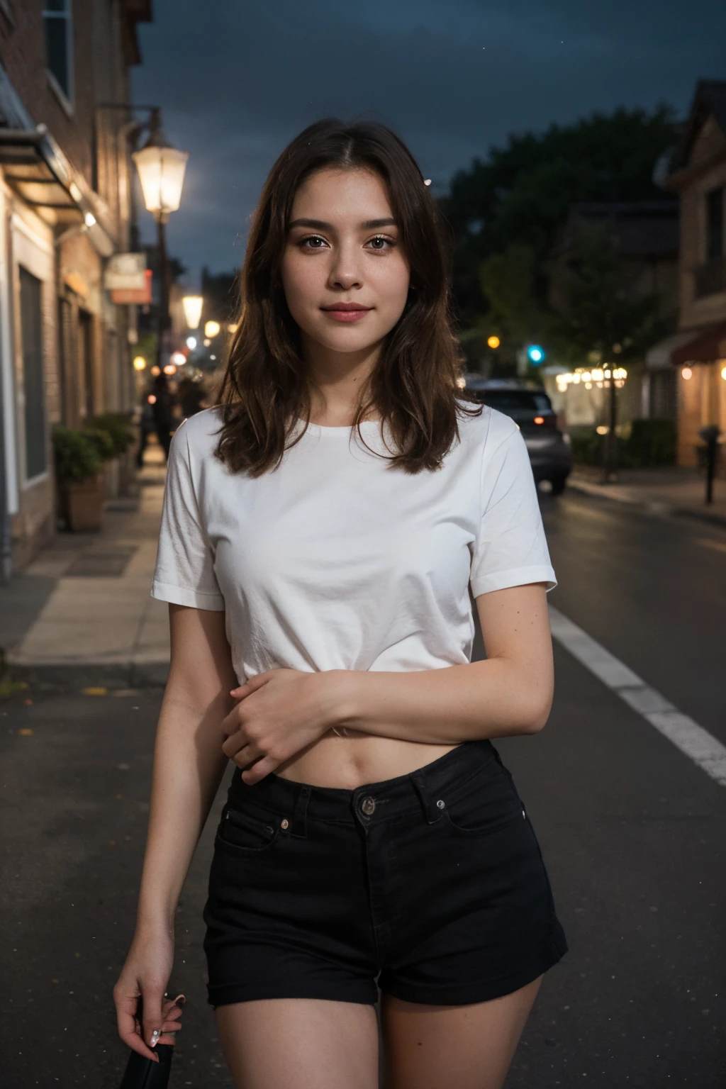 (best quality, masterpiece),1girl, solo, looking at the viewer, smile, brown hair, outdoors, brown eyes, lips, night, ground vehicle, portrait, motor vehicle, realistic, car, road, lamppost, 8k UHD, DSLR, soft lighting, high quality, film grain, Fujifilm XT3