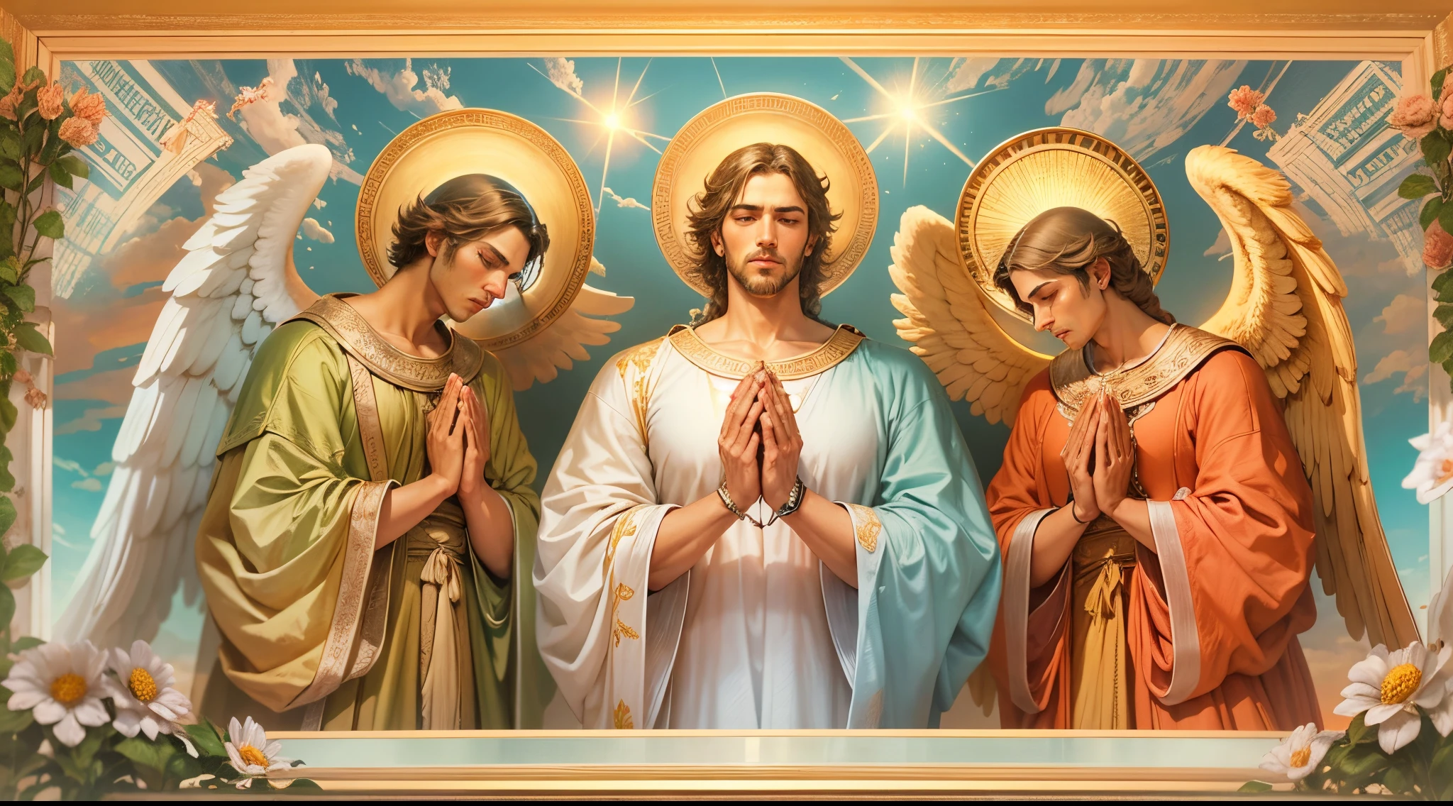 Close up of an image of three male angels praying and blessing, arcanjo homem com asas grandes, o anjo da fortuna, perfeito, Reslistic, Biblical setting, celestial scenery, sol e nuvens ultras realistas, flores e velas, illuminated archangel of heaven, Passes em segundo plano, flores coloridas, velas acesas, roupas brancas e vermelhas