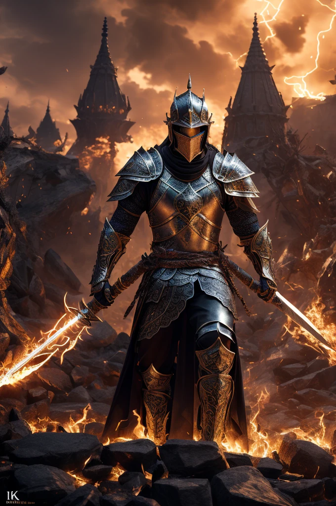 masterpiece, best quality, light particle, depth of field, scenery, fantasy, far away, pastel colors, chromatic aberration abuse, cloudy sky, blue aura, cinematic, dark atmosphere, glowing eyes, purple light, illumination, cliff, sword