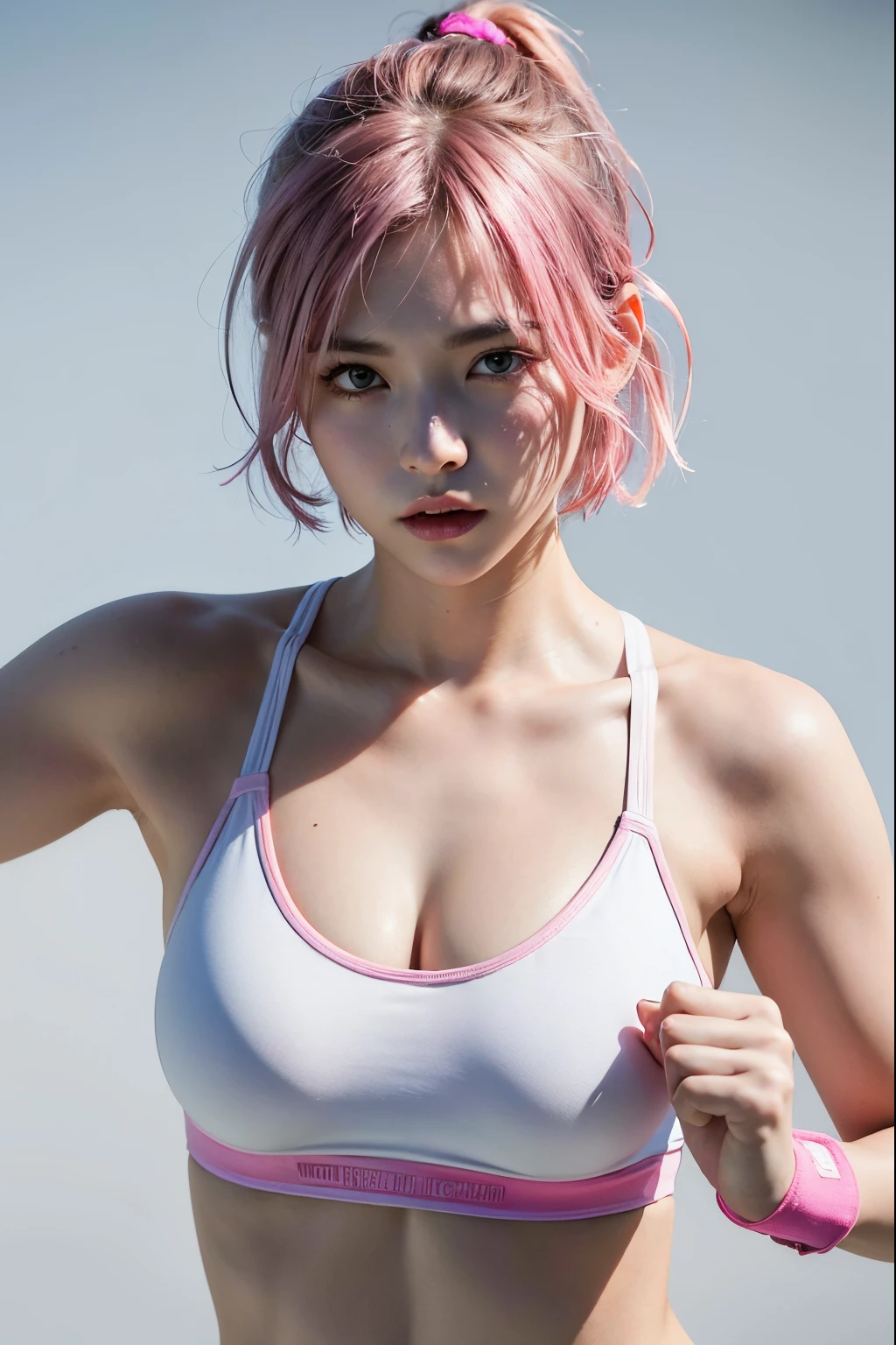high quality,masterpiece,extremely detailed,high res,4k,ultra high res,detailed shadow,ultra realistic,realistic,neon lamp,1girl,solo, upper body, boxing stance,detailed face,realistic eyes,realistic skin,pink hair,dynamic pose, dynamic angle, sport bra, short hair cut, white background