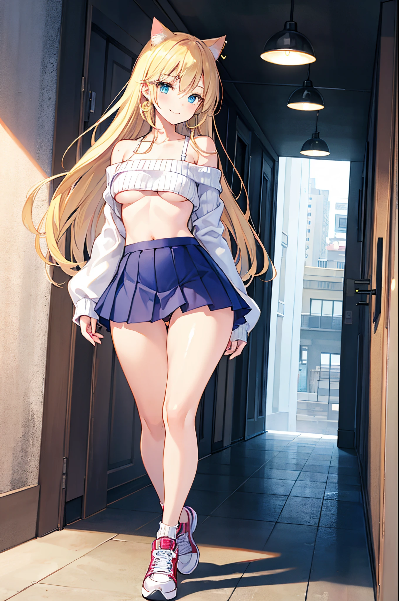 Realistic image, detailed image, 1 girl. She has cat ears. She has greenish blue eyes. She has long blonde hair, wears earrings. She wears a long boiled sweater, off shoulder V-neck. Pleated mini skirt with ruffles. sexy thin thong. sneakers. She has small tits, narrow waist, wide hips and thick thighs. smiling. Full body view. Back arched. walking sensually. White background. Volumetric light. Ambient light