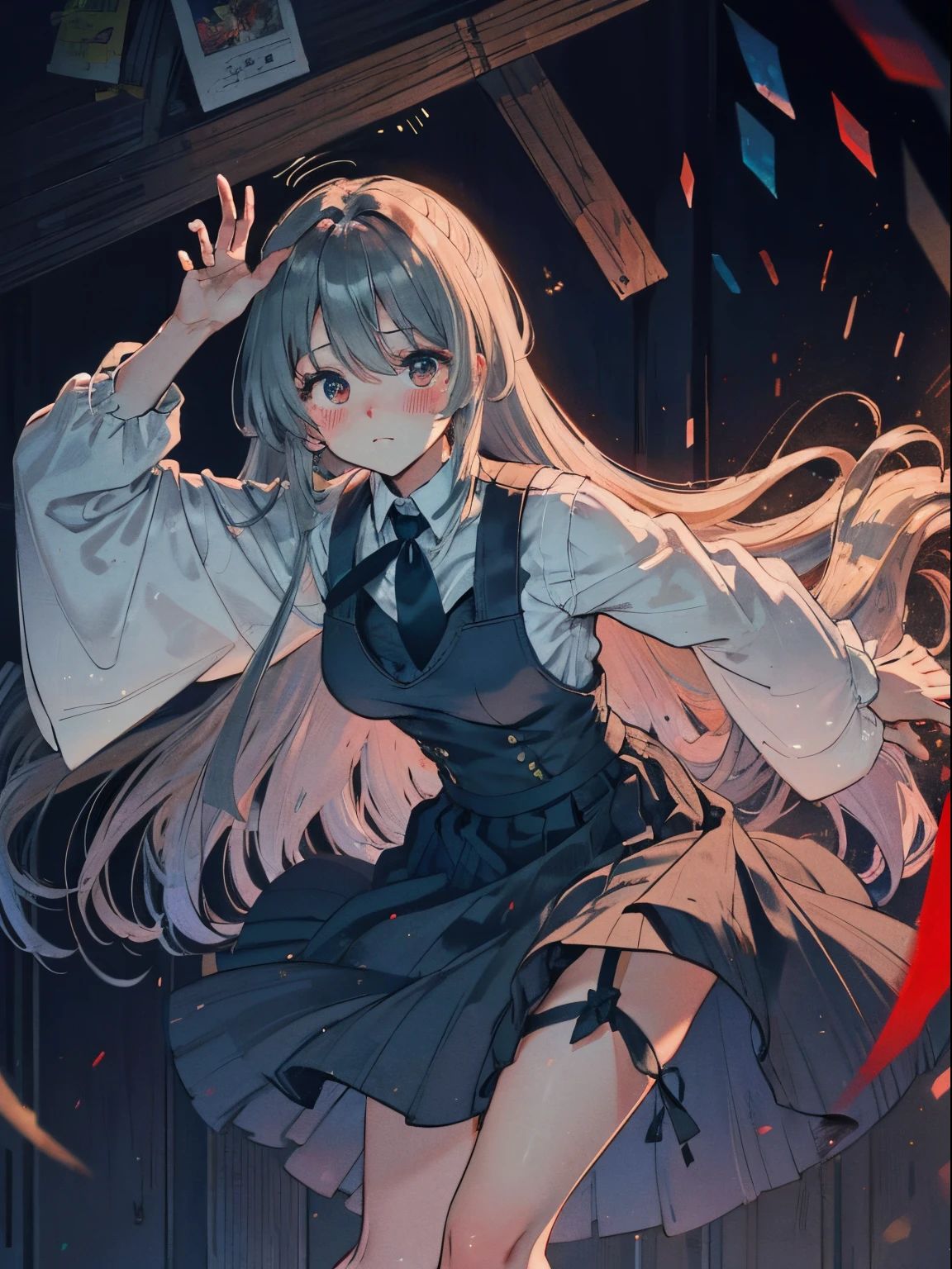 Best Quality, ultra-detailliert, Illustration, silber hair, Aimei,,embarrassed from，red blush，scratching your head，The long-haired，cute  face，beutiful breast，turned around，Suspender Skirt，long-sleeve，Dark blue skirt，neck tie，Close，Angle to show off breasts，look up to，finely detail、Illustration in motion