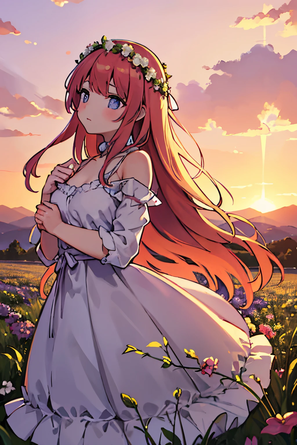 (best quality,4k,8k,highres,masterpiece:1.2),ultra-detailed,(realistic,photorealistic,photo-realistic:1.37),vibrant colors,lively atmosphere,ethereal lighting,girl,flowy dress,graceful pose,soft sunlight,long flowing hair,lavender field,fragrant flowers,serene expression,delicate features,red sky,sunset,warm hues,peaceful ambiance,dreamy landscape,artistic portrayal,feminine beauty,tranquil setting,harmonious composition,sensory immersion,colorful palette,subtle shadows,whimsical atmosphere,scenic view,contrast between girl and surroundings,natural elements,floral crown,lush greenery,graceful movement,gentle breeze,heavenly glow,targeted lighting,visual storytelling,romantic scene,serenity amidst chaos,blissful sense of calm.