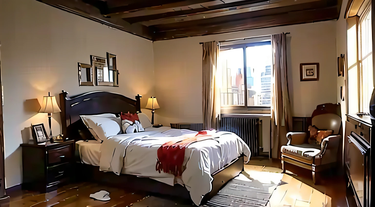 ((Best Quality)), ((masutepiece)),with no people、Seen from the front、during daytime、London cityscape、small western style room、warm and lively atmosphere、Home
