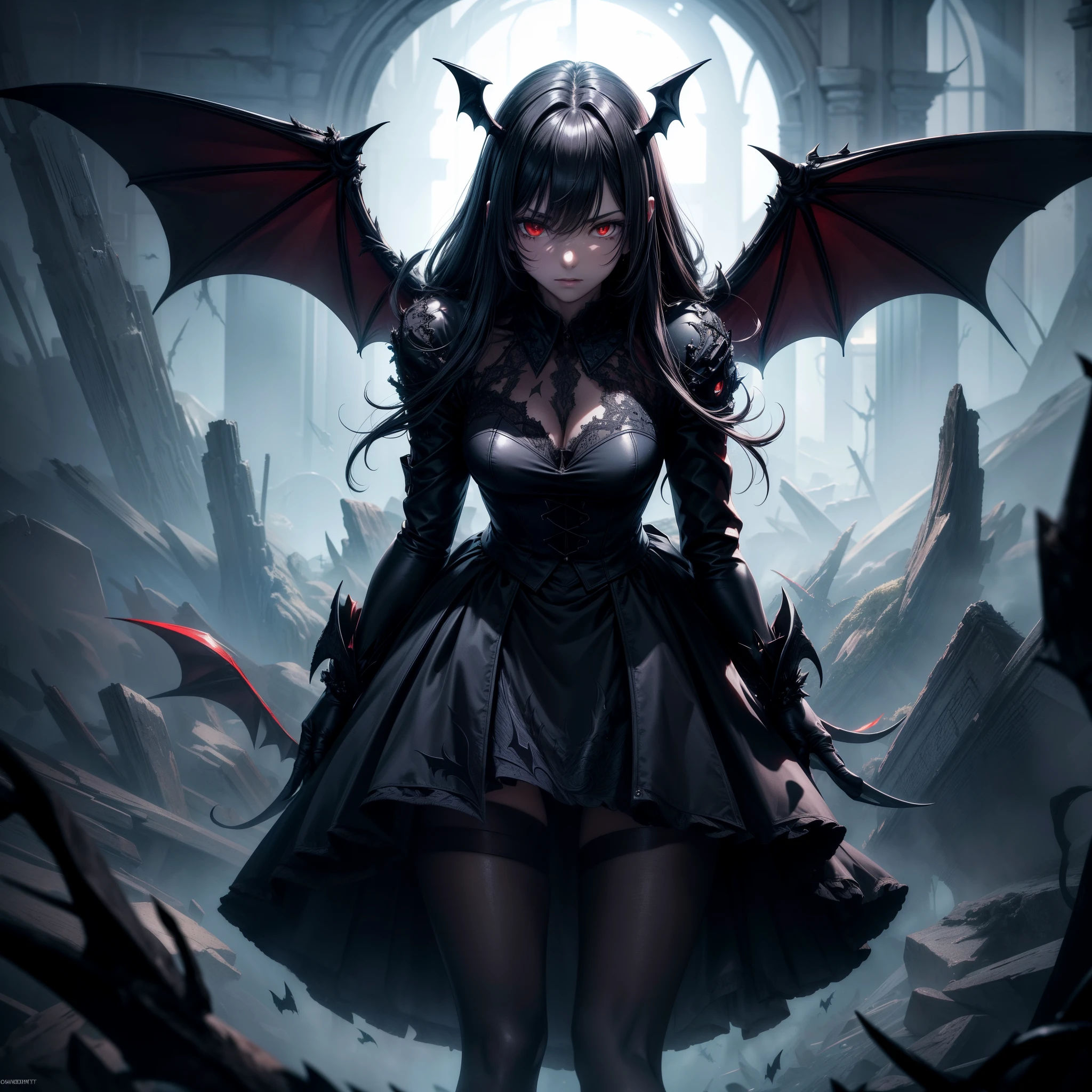 (Meisterwerk), (ultradetailliert), (Meisterwerk), (best quality), (ultradetailliert), schattenhafte Gestalt, dunkler Blitz, Hoher Kontrast, Spectral wing, Bat wings, rote Augen, in der Luft schwebend, Den Betrachter anstarren, Horror-Thema, Monster, Kreatur, Humanoid, Krallen, pointed feet