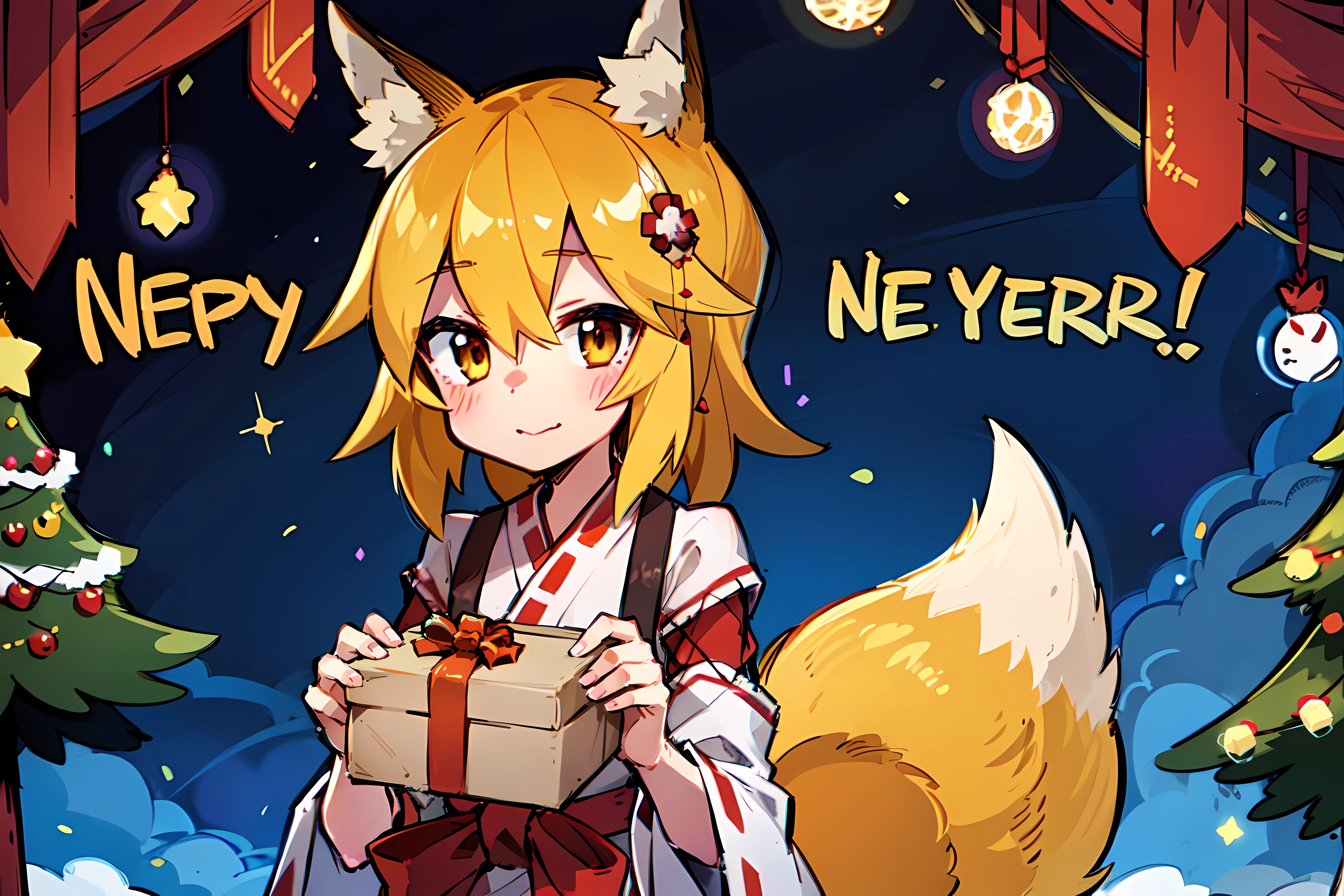 Yandex chan, A girl, Fox ears, Clouds, Christmas tree, garland, New Year, big gifts, Look at the viewer, takes out a gift for the viewer