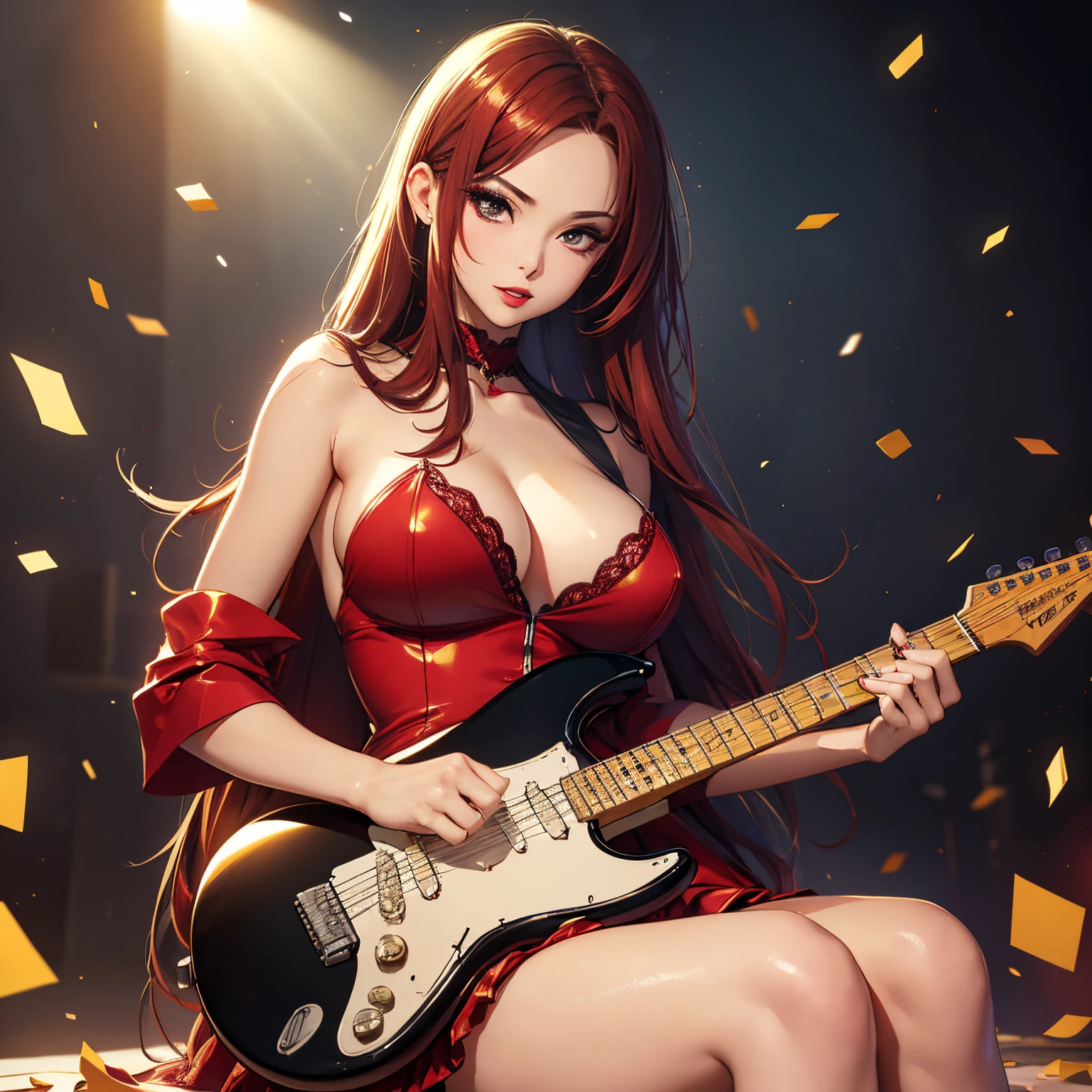 super high quality, 8k, RAW photo, realistic, hide your body with an electric guitar, beautiful sexy woman, forehead, hime cut, full makeup, red sexy thick lips, amorous expression, lewd expression, sitting, large breasts, slender, great proportion, background dark fantasy, scattered golden confetti, professional flare lighting