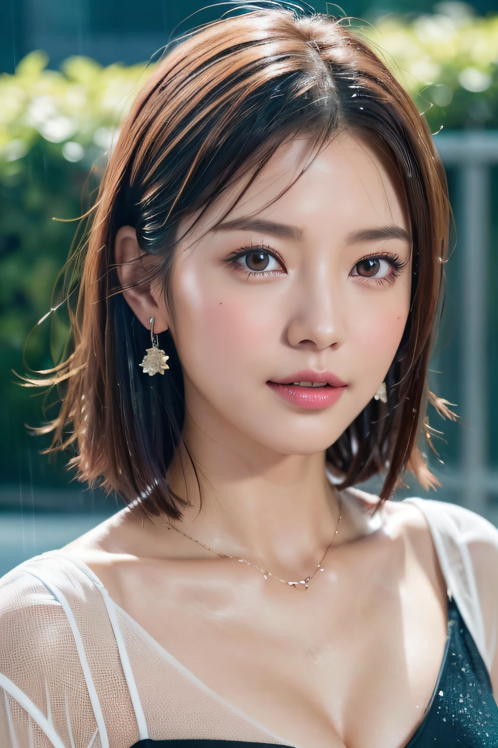 One Girl in the Rain、Blushing cheeks、gazing at viewer、Heavy rain、Big chest slip、A sheer party dress that adheres to the chest when wet.No umbrella、under the rain、Girl without an umbrella、Wet face,wetted skin、a wet body、wet costume、Wet hair、flower、hair pin、a necklace、Looking up from under the earrings、depth of fields、pointed red mouth、(short hair of reddish-brown color wet and shiny,,,,,,,,),Red mouth,鎖骨、Beautiful fingers、Hourglass body、portrait of a full body、Wet cute face、Digital Illustration, (Photorealsitic:1.3),(Raw photo.), (masutepiece,top-quality,Ultra-high resolution output image,) (The 8k quality,),(Image Mode Ultra HD,),(Image Mode Ultra HD)、