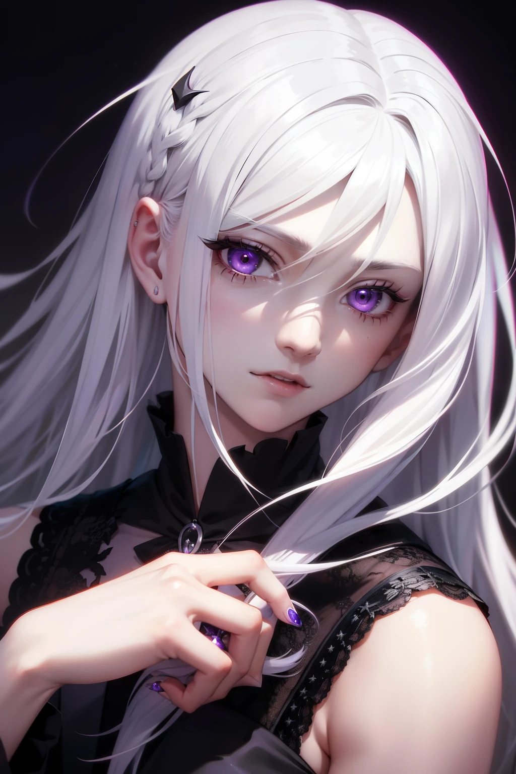 powerful young white-haired male vampire holds in his hands the face of a girl with purple hair. ghotic style. gloom, sensuality