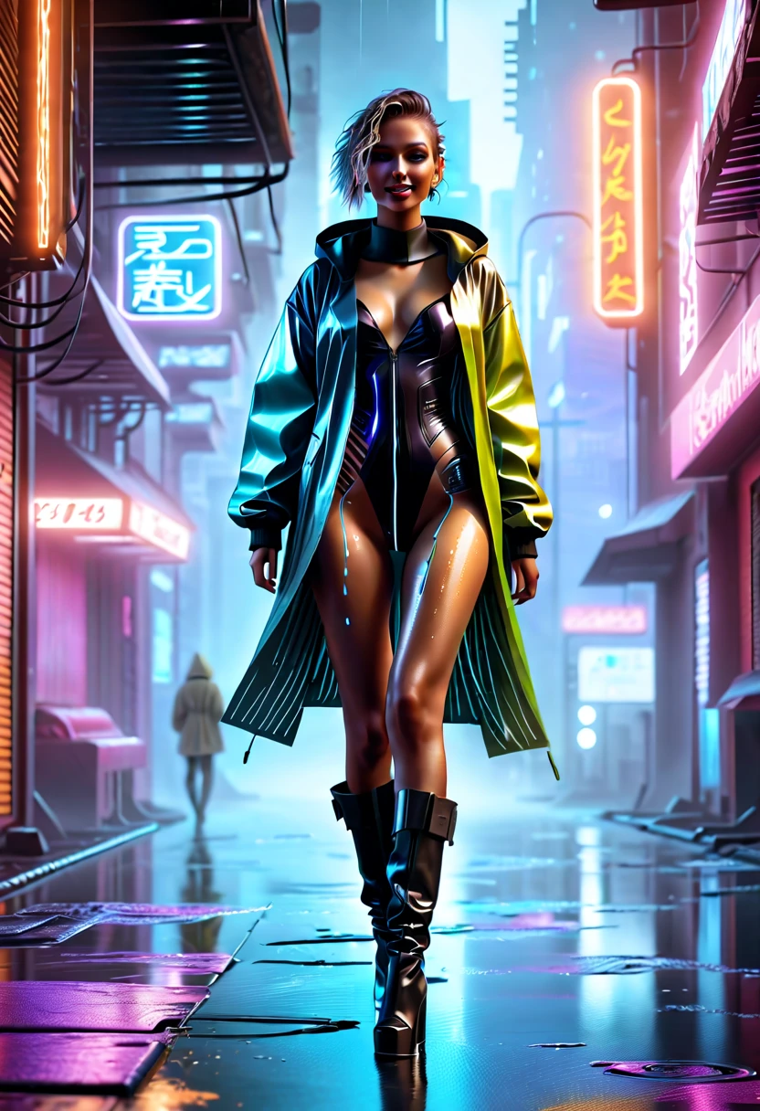 Curly brunette naked in a long raincoat stands in an alley. ciberpunk. neonlight.
