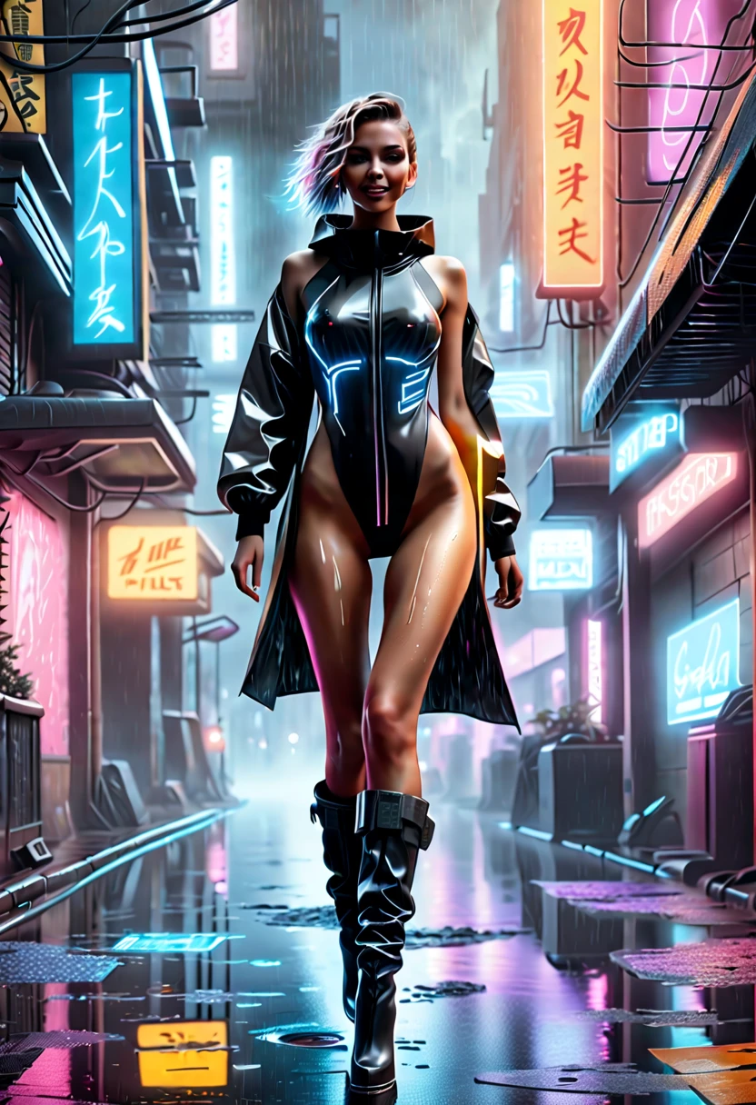 (best quality,4k,8k,highres,masterpiece:1.2),ultra-detailed,(realistic,photorealistic,photo-realistic:1.37),cyberpunk city,cyberpunk girl,sexy,nude,girl walking down the street,light step,bright happy smile,pouring rain,neon lights,reflecting on wet pavements,glistening streets,wet glossy surfaces,slick,urban atmosphere,hazy,futuristic buildings,towering skyscrapers,hovering vehicles,blinking advertisements,glowing holograms,smoky atmosphere,misty air,steam rising from the sewer grates,metallic textures,chrome accents,shimmering cybernetic implants,translucent raincoat,curve-hugging outfit,high-heeled boots,teeming crowd,electric energy,excitement,secretive alleyways,mysterious figures,wireframe visuals,data streams flowing in the air,glitching visuals,digital glitches,deep shadows,colorful explosions,nighttime scene,contrast of darkness and brightness,vivid neon colors,warped reality,surreal feeling