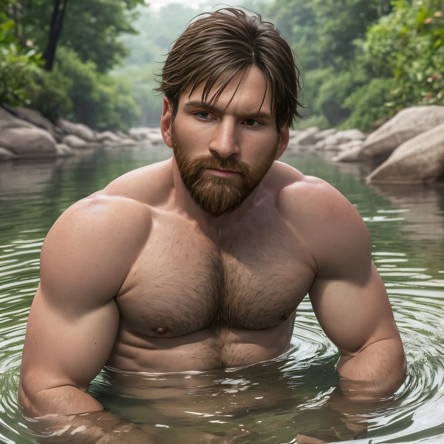 ultrahigh resolution, La mejor calidad, Cinematographer, 4k, (fotorrealista: 1.4), cinematic lighting, A handsome 36-year-old man bathing in a river........., barba, brown eyes