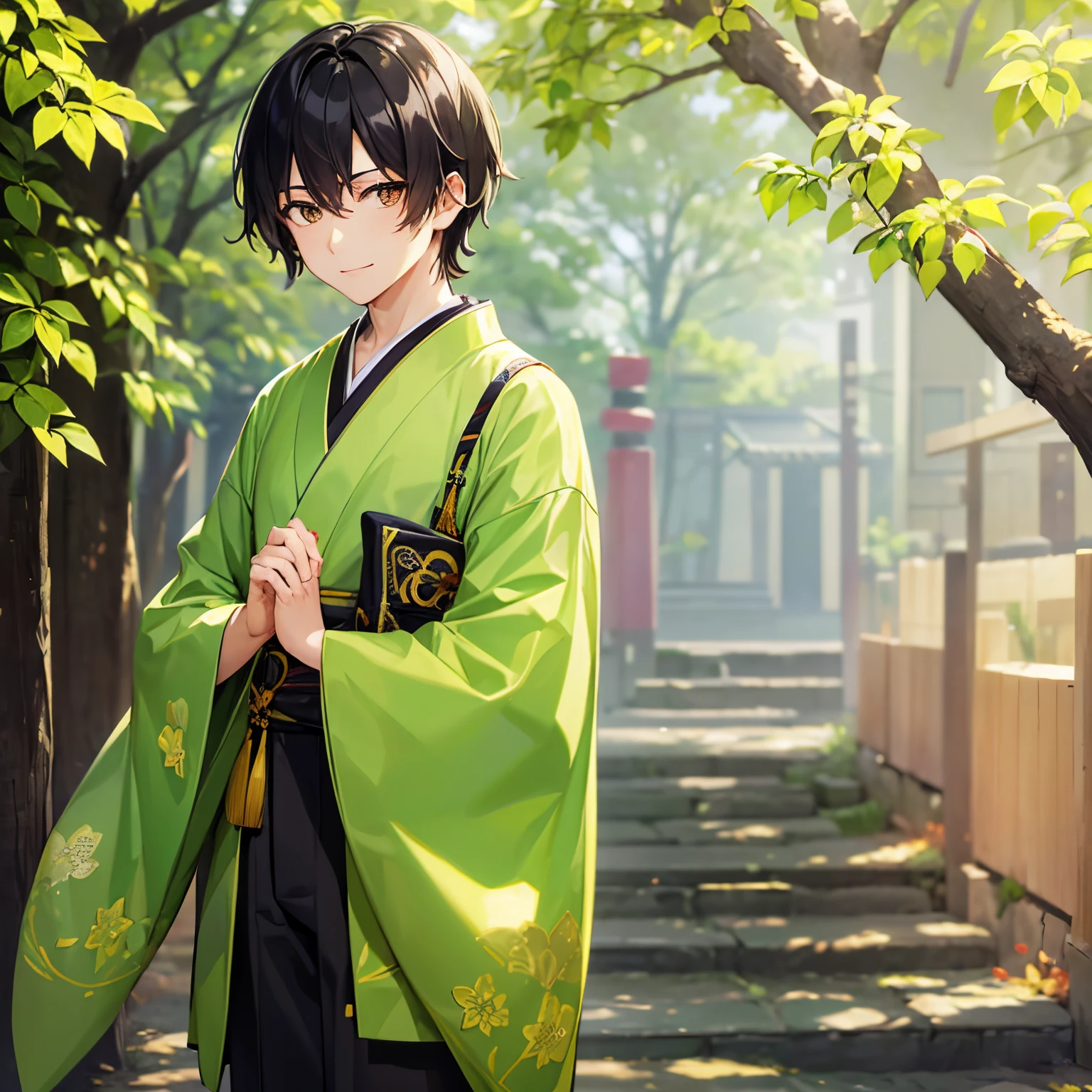 One Man、January、Yellow-green kimono、A dark-haired、Brown-eyed、short-haired、smooth hair、A slight smil、young leaf necklace、erect through、Front perspective、hightquality、high-level image quality、No background、