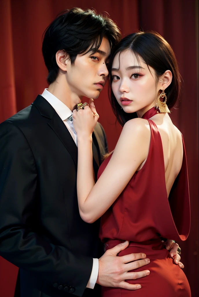 Araffa a un hombre y una mujer con un vestido rojo., Pose de pareja, Pareja encantaDora, Taejune Kim, Blackpink Jennie, Yanjun Chengt, Kim Doyoung, Fanart oficial, photo session, JIA, inspirado por Yanjun Cheng, por Jin Nong, suave en _ Los antecedentes, Humor rojo en el fondo, Inspirado por Jeonseok Lee, Artista coreano