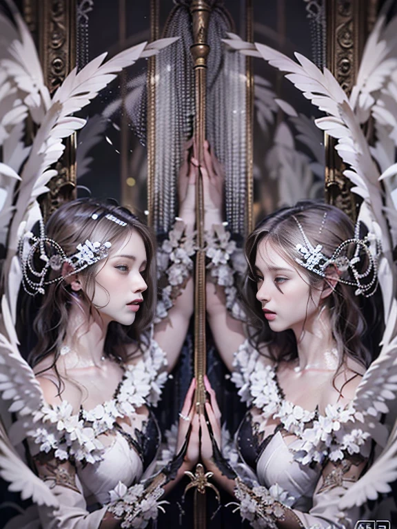 Black and white,Absolutely beautiful women,Bust,Broken mirror,Split black and white,White Angel,Broken,White the、with sublevel rack,Eroded by darkness and light,symmetrical virgin woman,Angel wings