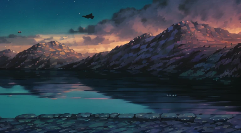 A train going across a mountain range near the sunset
