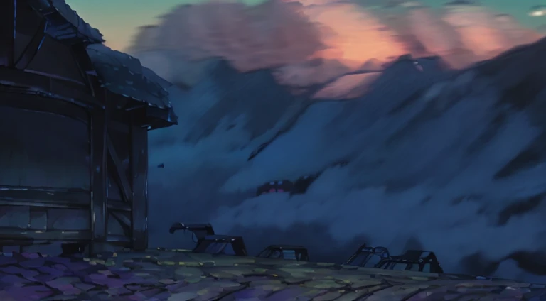 A train going across a mountain range near the sunset