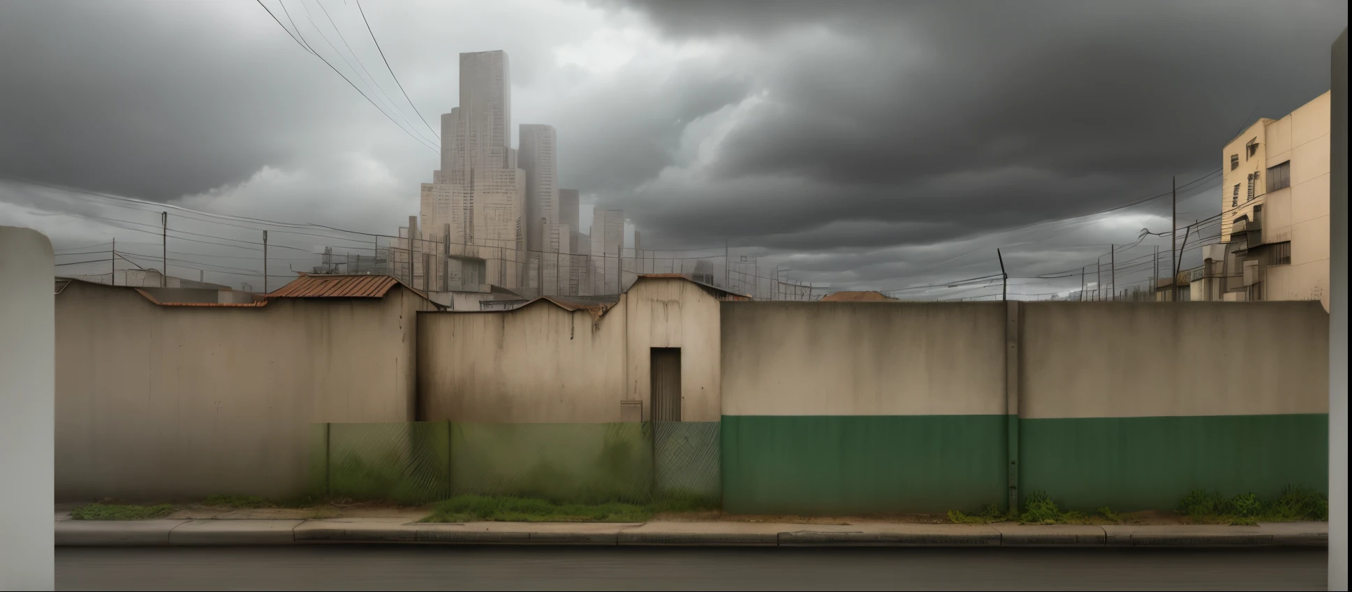 concrete fence, slums, cloudy day
