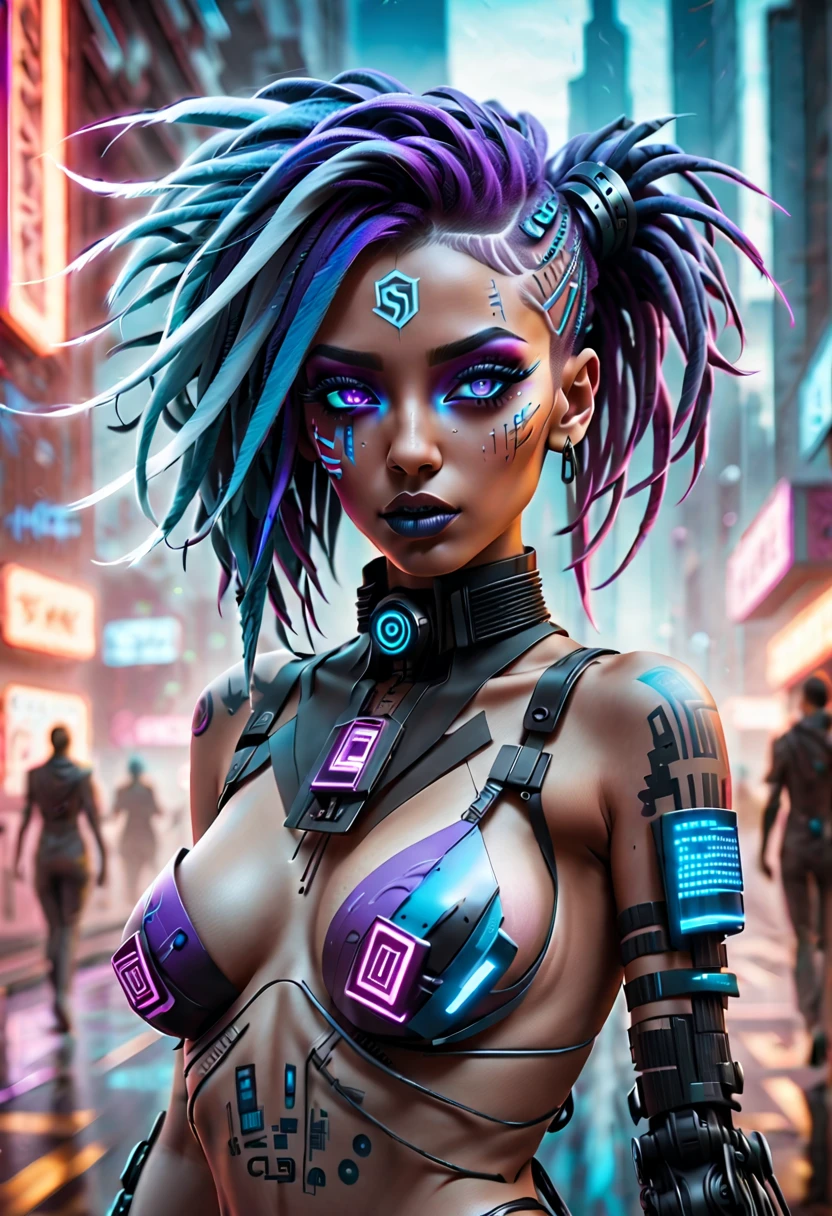 a sexy nude cybergoth girl walking down a busy street of a cyber city, detailed eyes and face, long eyelashes, vibrant purple and blue hair flowing in the wind, cybergoth accessories including spiked choker and arm cuffs, a futuristic cyber city skyline with towering skyscrapers in the background, neon lights illuminating the street, a holographic advertisement projecting from a building, futuristic vehicles zooming past, graffiti-covered walls showcasing neon, vibrant colors, bokeh effects, a surreal atmosphere with glowing particles floating in the air, a dynamic pose with confident strides, a sense of mystery and allure, a dark and edgy ambience, visually striking contrasts between light and shadow, high-quality rendering with sharp focus, ultra-detailed textures, and realistic physics-based lighting. (best quality, 4k, highres), ultra-fine painting, cyberpunk aesthetics, immersive and futuristic sci-fi atmosphere.