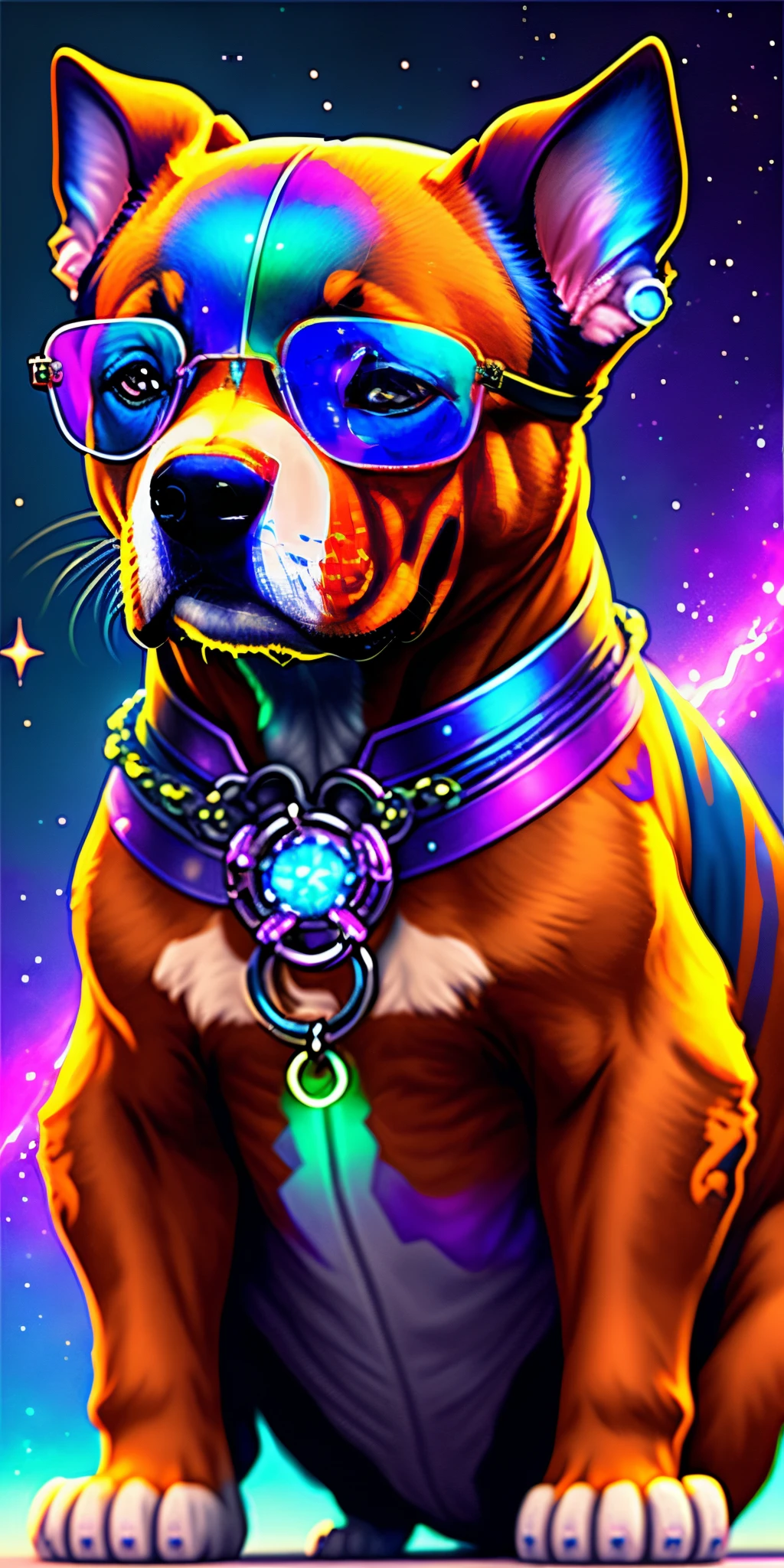 a dog with glasses and a chain around its neck, radiant nebula colors, vfx movie, marvel art, highly photographic render, pitbull, illustration iridescent, heavy metal artwork, his head covered in jewels, similar to the bifrost, conceptart. com, avatar image, genie, love death and robots