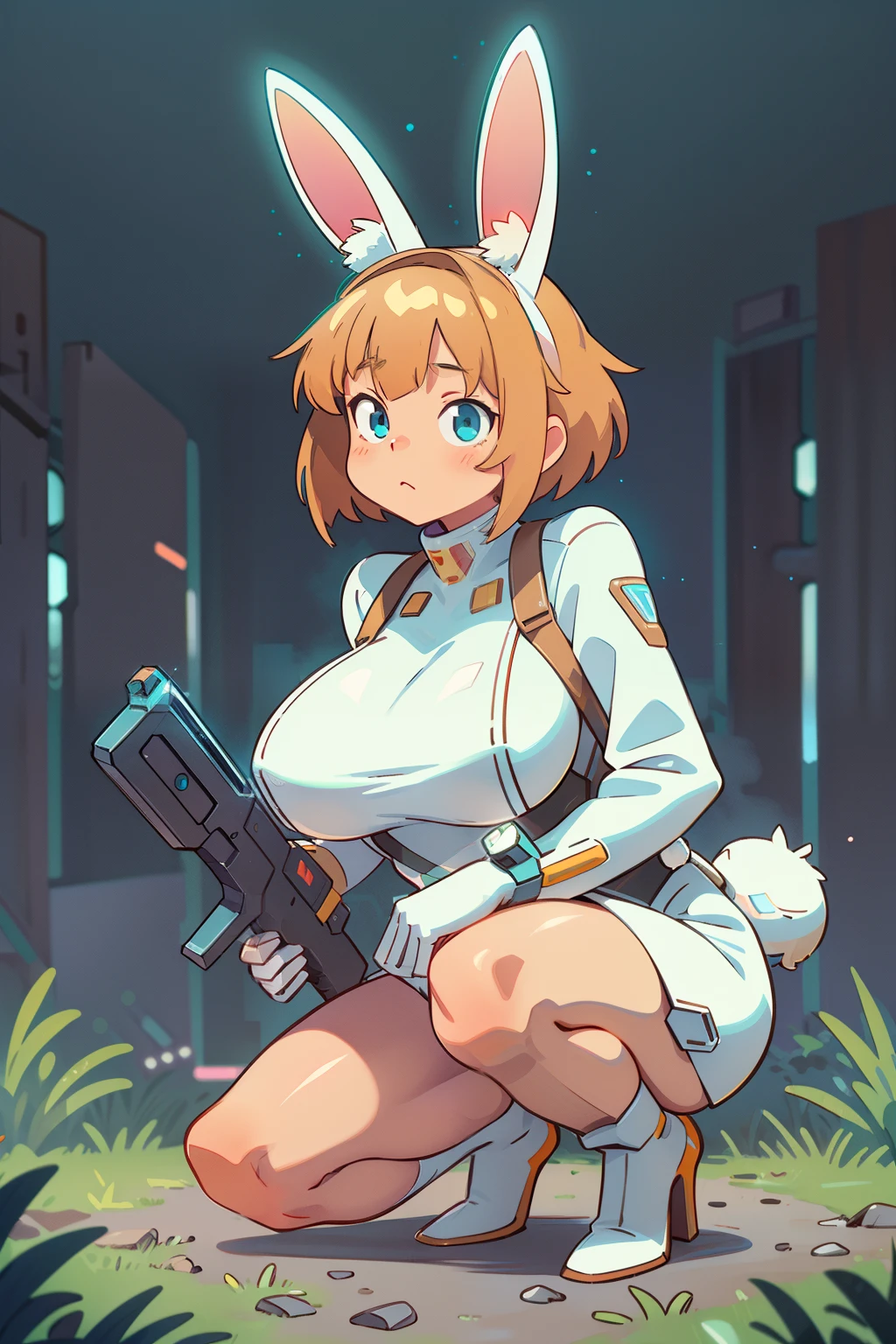 1girl, bunny, solo,rabbit,ears,outdoors,neon lights,cinematic lighting,cyberpunk,mecha musume,holding weapon,gun,looking at viewer,;o,blanc \(nikke\),mature female,(huge breasts),shiny,shiny skin,squatting,black high heels