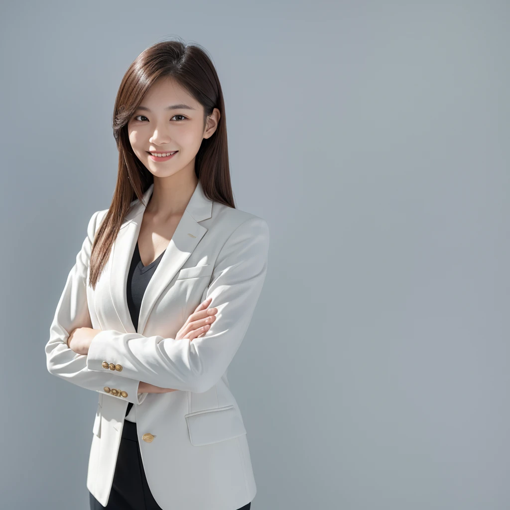 female,suit,smiling,standing posture, white background,cross one's arms across one's chest