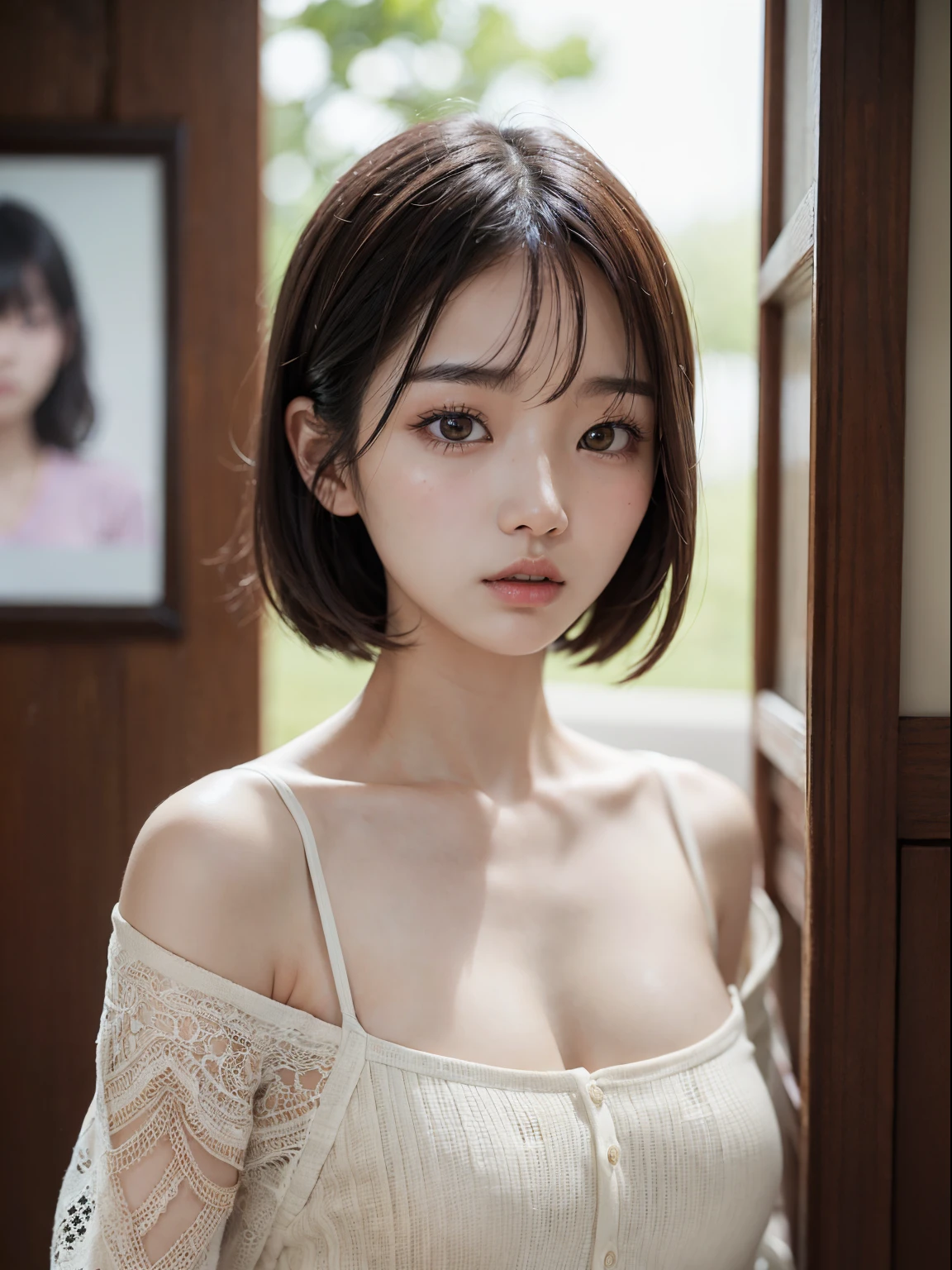 incredibly absurd, beautiful and cute 20-year-old Korean girl with a photorealistic face, showcasing top-quality craftsmanship. Her slender frame adorned with short, messy hair. The artwork high-resolution, allowing for ultra-detailed features to be captured flawlessly. The girl depicted naked. The focus lies on the realistic pupils, showcasing depth and emotion.